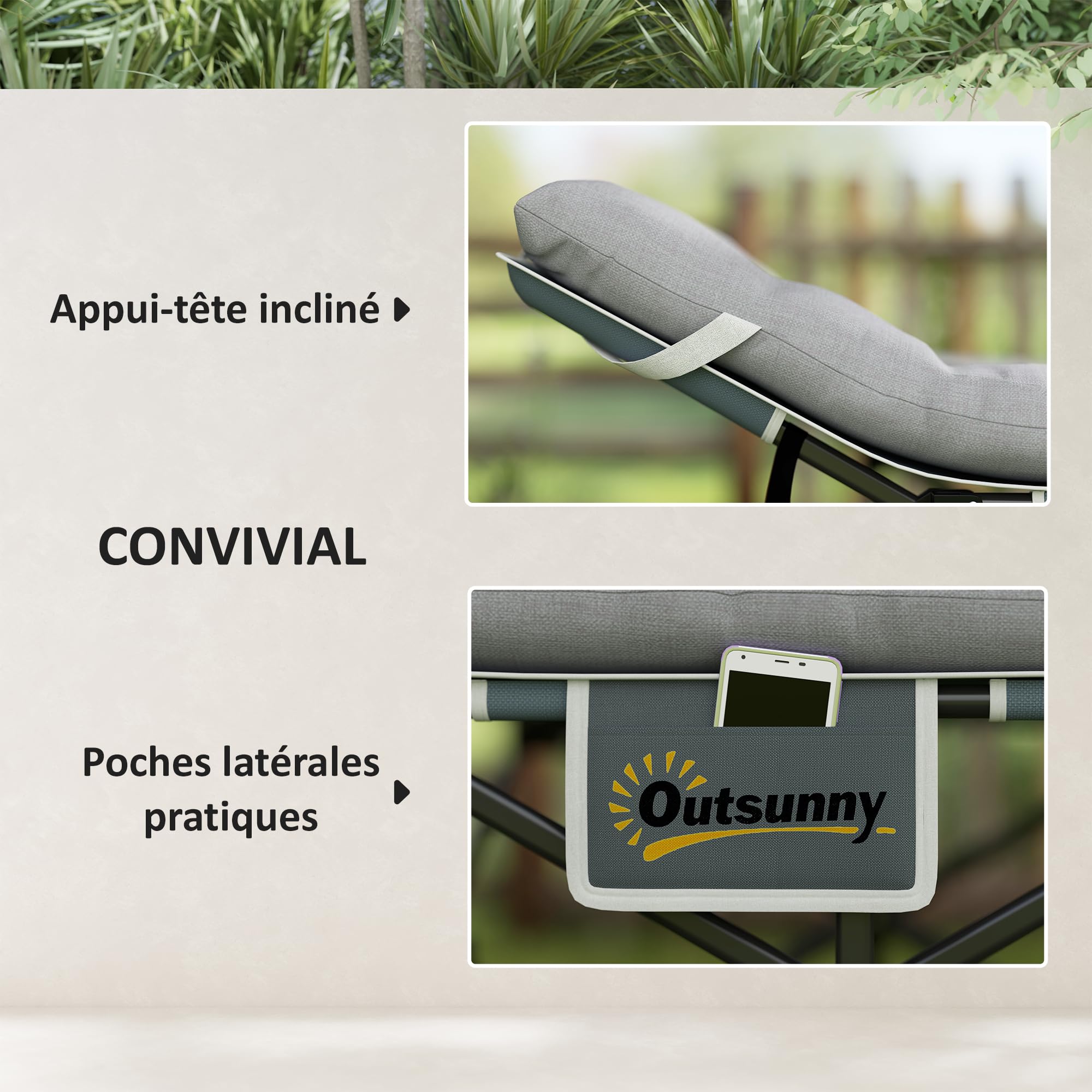Outsunny Lit de Camping Pliable avec Matelas, Lit de Camp Pliant, Pochette latérale et Sac intégré, transat Chaise Longue en métal et Tissu Oxford, 185 x 68 x 37 cm, Charge 150 kg, Gris Clair