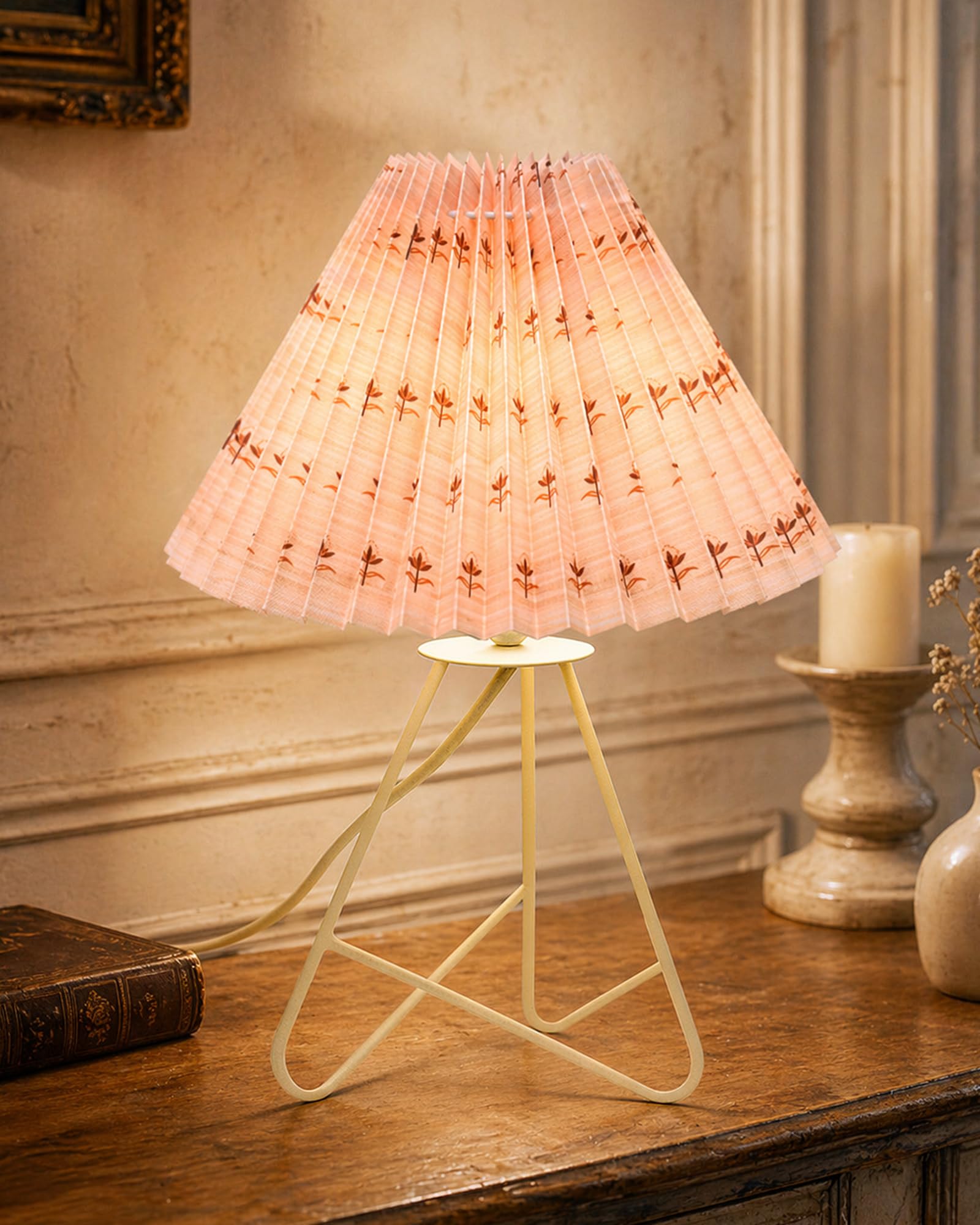 Homesake® Modern Table Lamp with Iron Tripod Base, E27 Holder, for Bedroom, Bedside, Living Room, Home Decor, Study Lamp for Desk, Night Lamp, Warm Light, Gifting, Pleated Fabric Shade, (Floral Petal)