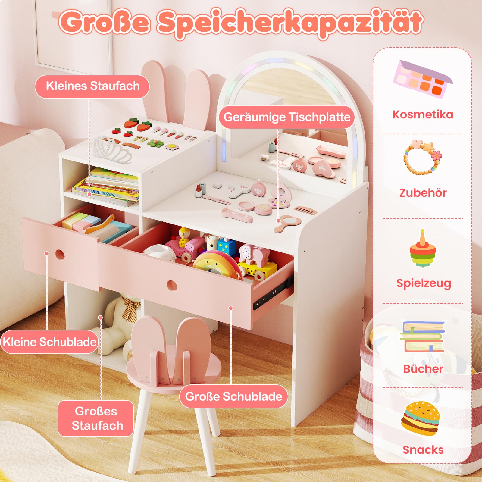 COSTWAY Kinder Schminktisch mit Beleuchtung, Frisiertisch mit bunten LED-Lichtern & Hocker, Kinderschminktisch mit 2 Schubladen, offenen Fächern, Kosmetiktisch für Mädchen ab 3 Jahren (Weiß+Rosa)