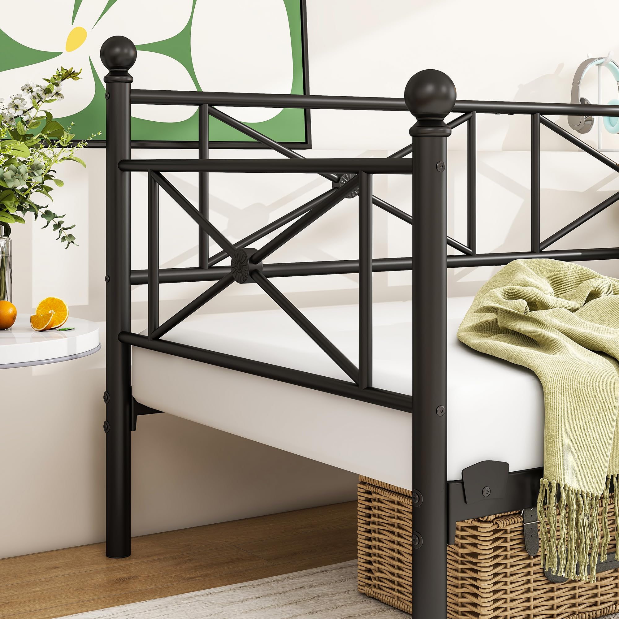 Tagesbett Metallbett 90x200 cm, Einzel Bettsofa mit Kopfteil & Lattenrost, Jugendbett Schweres Metall-Lattenrost zur Matratzenunterstützung, Tagesbett für Wohnzimmer & Schlafzimmer, Schwarz