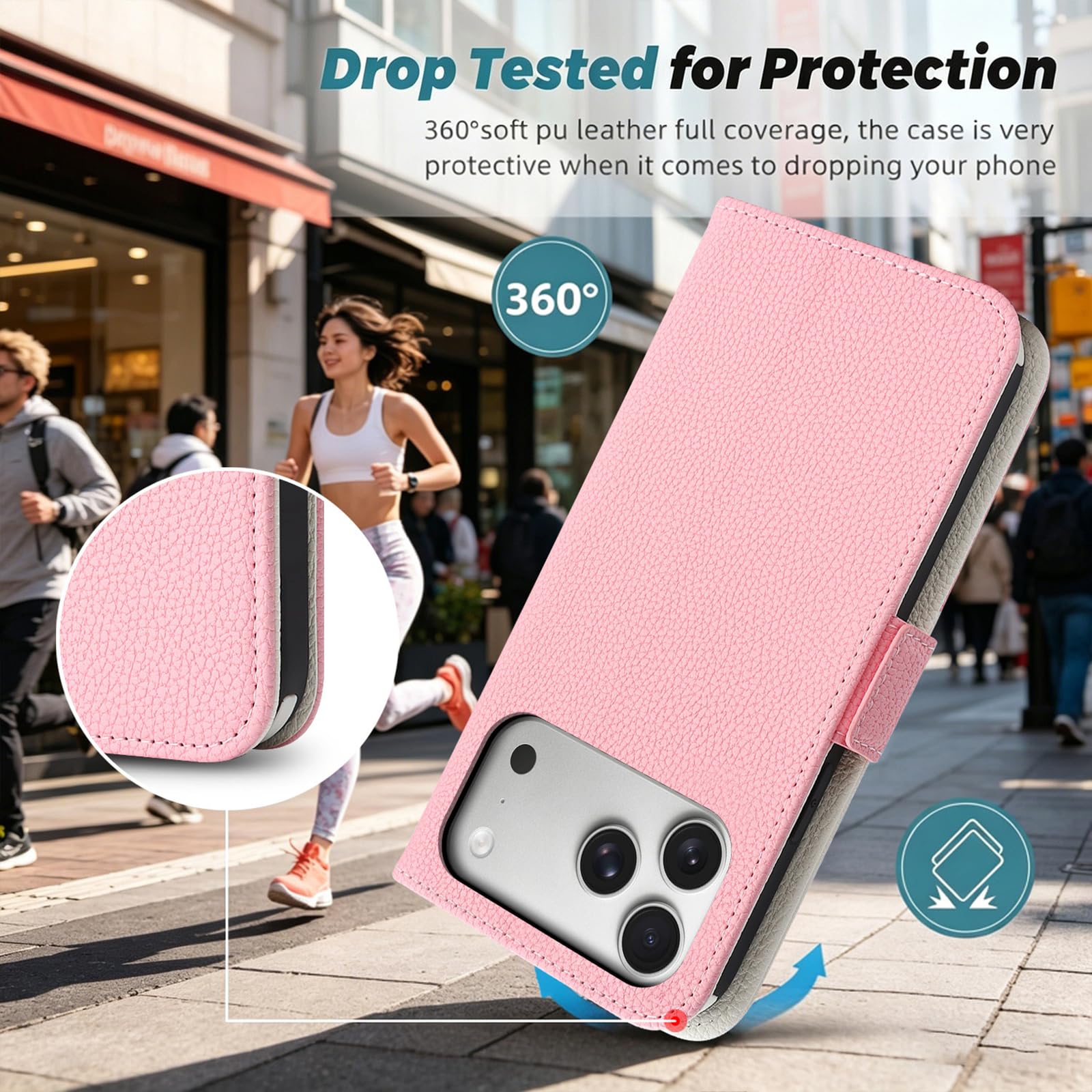 Różowy,17, Skórzane etui do iPhone 17 Pro Max/17 Pro/17 Air/17, Portfel Pokrowiec z klapką Stojak Magnetyczna Adsorpcja Pasek Na Nadgarstek Etui