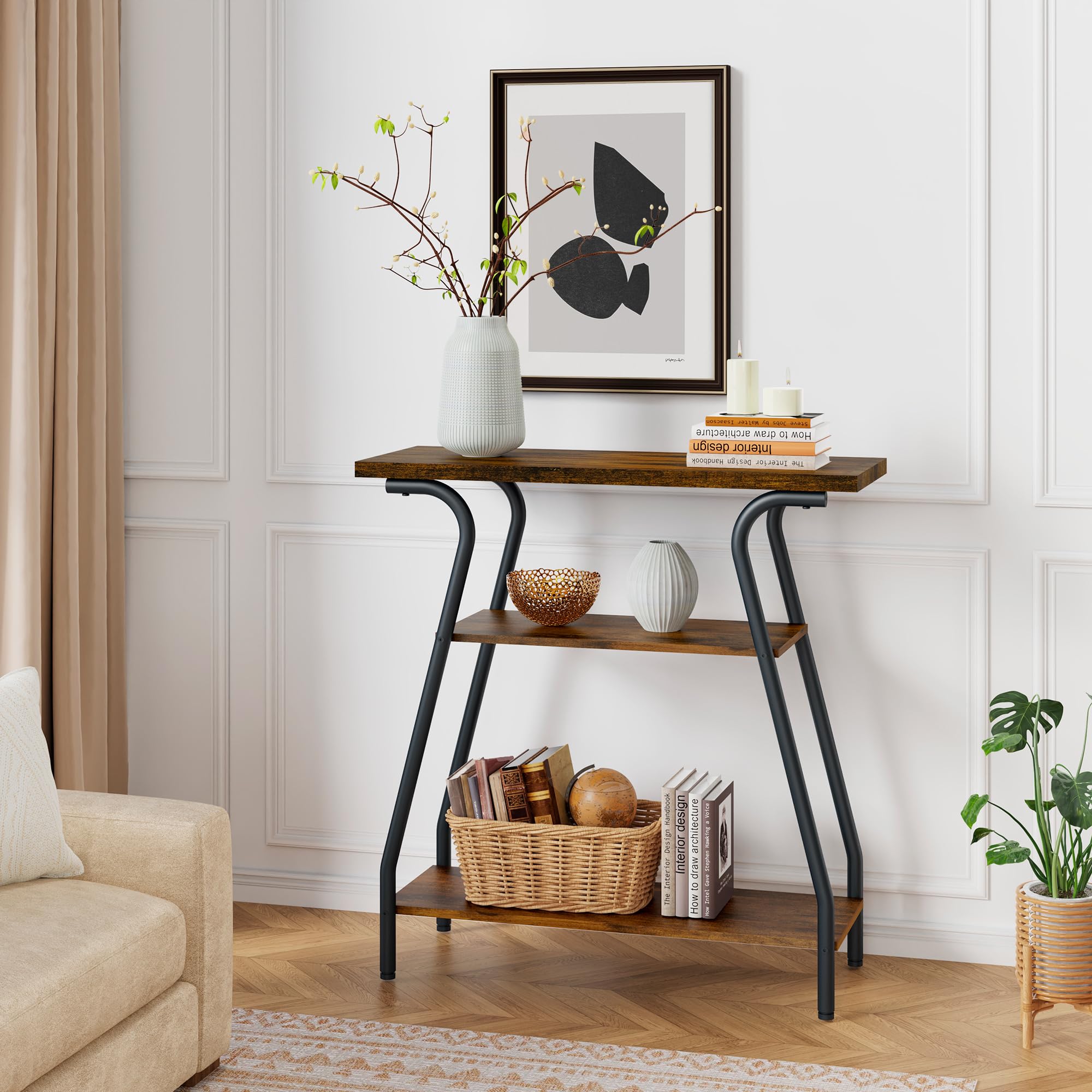 Table Console en Faux Marbre avec Structure en Acier Enduit de Poudre, pour Salon, Couloir, Noir