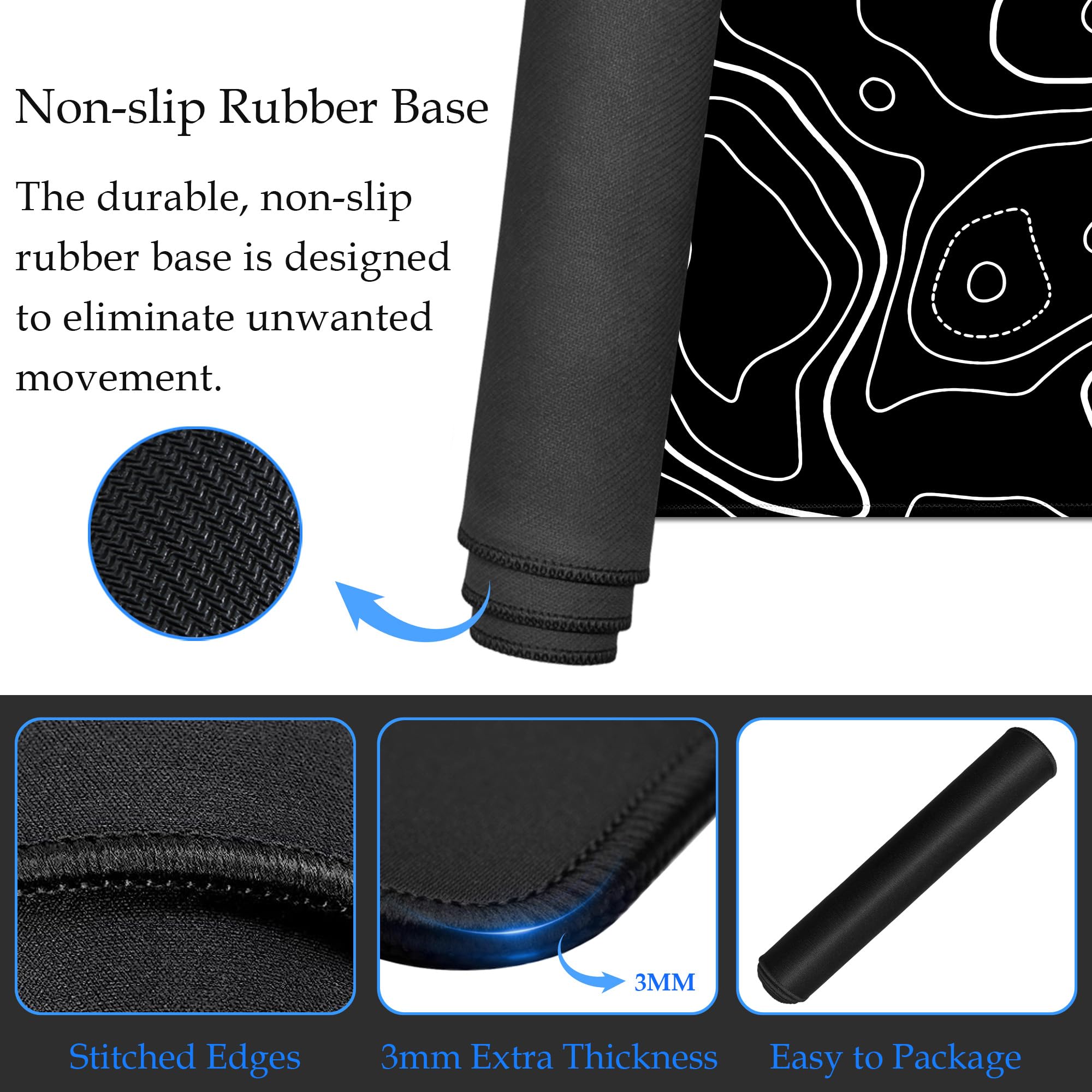 Tappetino Per Mouse XXL 80x30 Cm Con Contorno Topografico 3D Nero - Base Antiscivolo, Bordi Cuciti, Superficie Liscia, Impermeabile