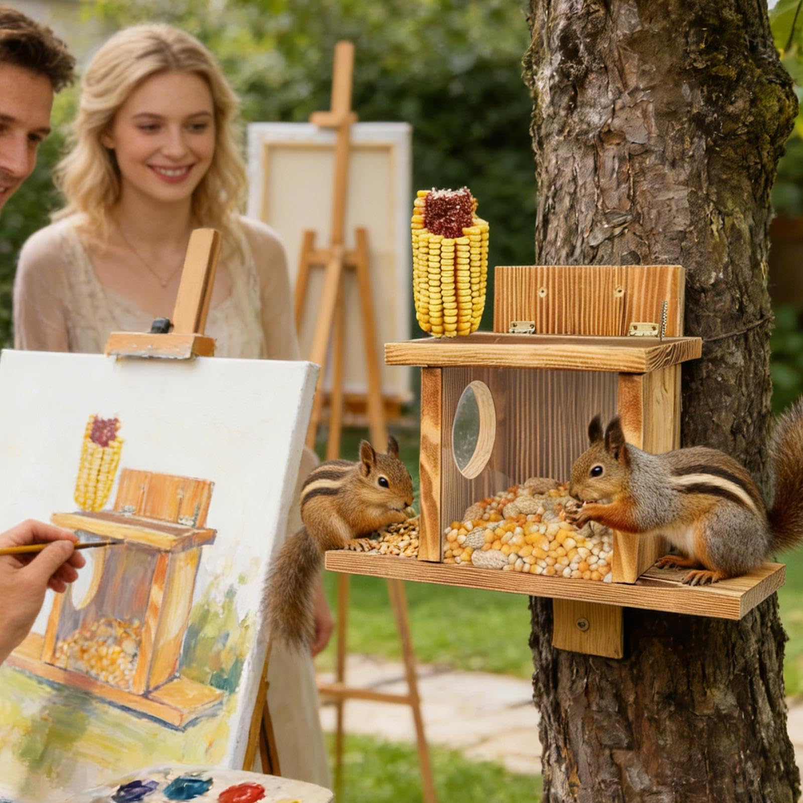 Mangiatoia per scoiattoli in legno per esterni, per esterni, invernale, divertente, rifugio da picnic per scoiattoli, resistente alle intemperie, resistente, per nocciole, giardino, cortile