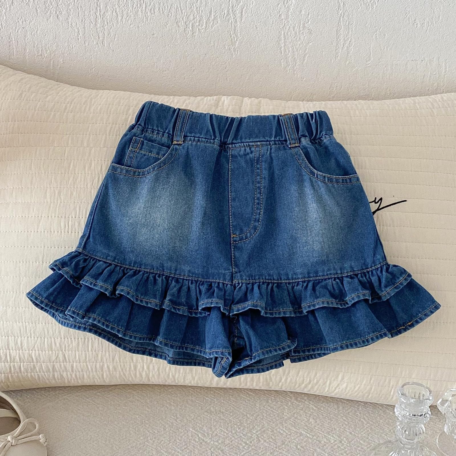Pantalones cortos de mezclilla para niñas, 2 capas con volantes de encaje para niños, falda de entrenamiento de moda, pantalones cortos para verano, playa, deportes