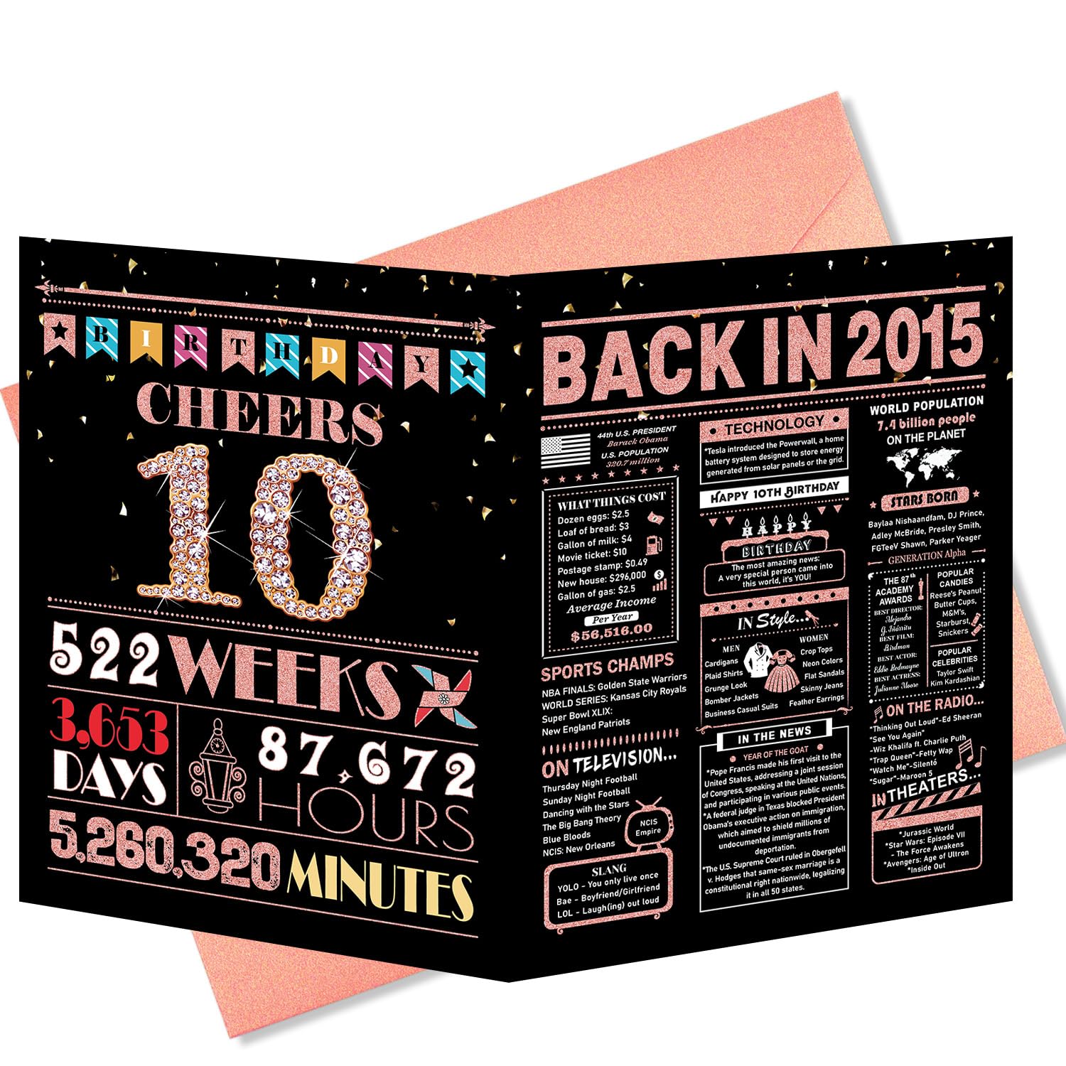 10th Birthday Card, 10th Birthday Decorations for Girl, 10th Birthday Gifts for Daughter, Back in 2015 Birthday Card, Rose Gold