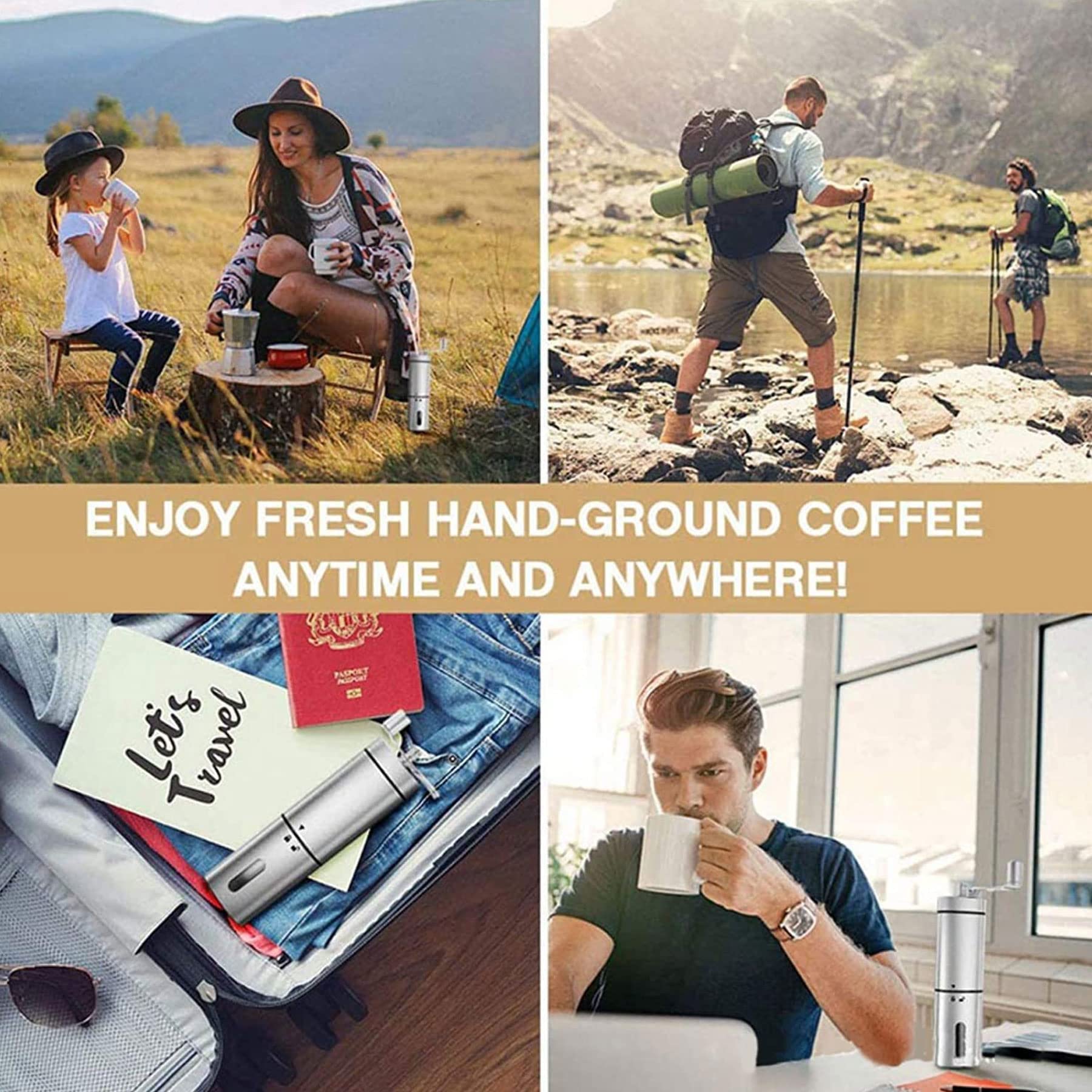 Multifunktionale manuelle Kaffeemühle mit verstellbarem Keramikmahlwerk, abnehmbare Edelstahl-Dreieck-Handkurbel-Kaffeemühle für Zuhause, Büro, Reisen, Silber