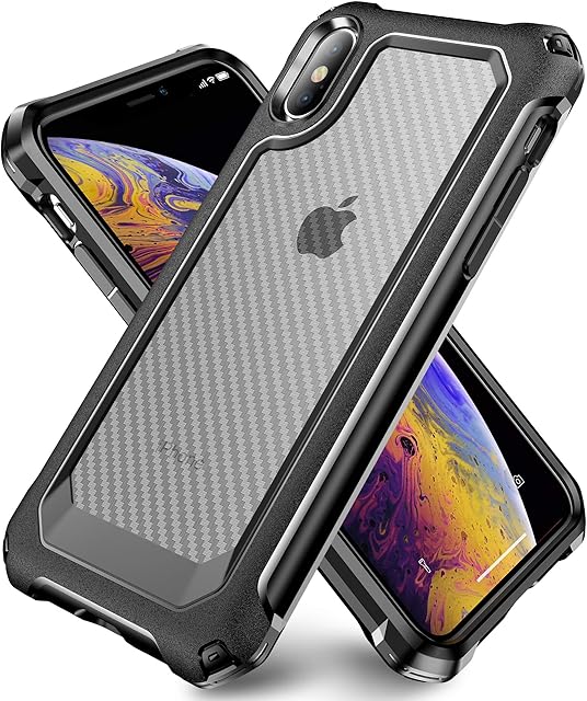 SUPBEC iPhone X Case, iPhone XS Case, Hard Carbon Fibre Shockproof Protective Cover [Military Grade Drop Protection] [Anti Scratch&Fingerprint], iPhone X Case and Screen Protector [x2], 5.8", Black