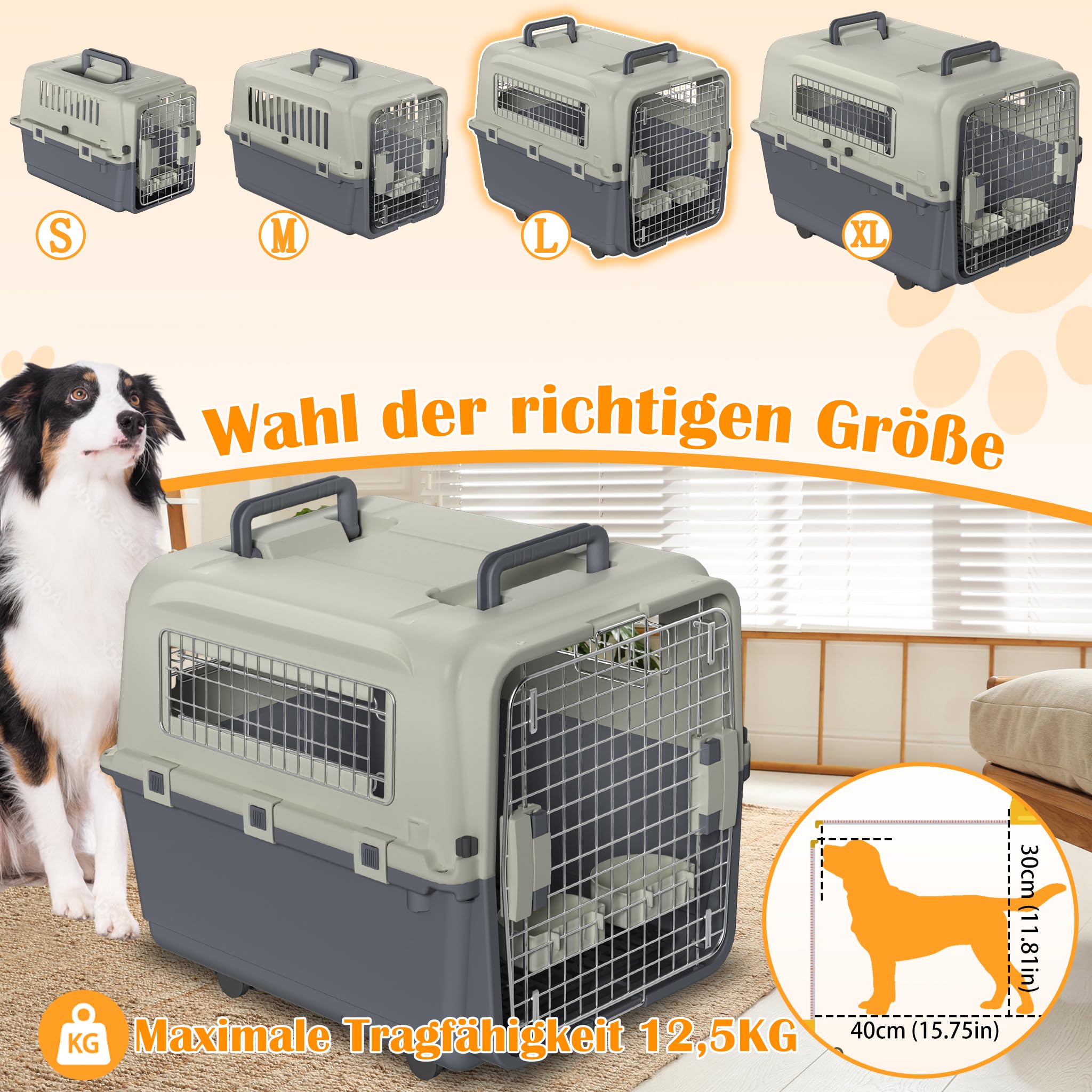 NAIZY Trasportino per cani, 67 x 51 x 58,5 cm, con porta in metallo e prese d'aria per finestre, portata fino a 12,5 kg, con cuscinetti per pipì