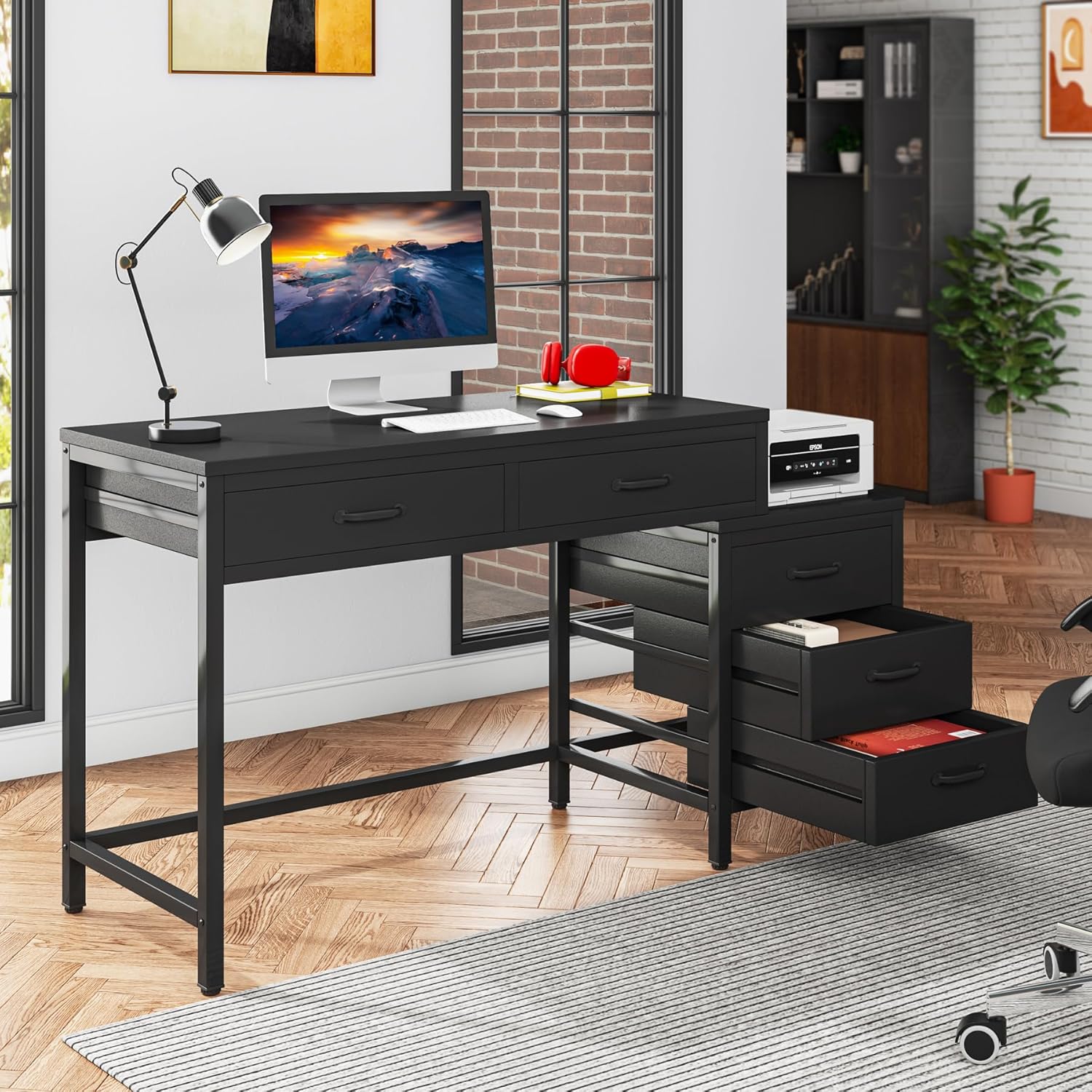 Desk with two main drawers open, showing internal storage space
