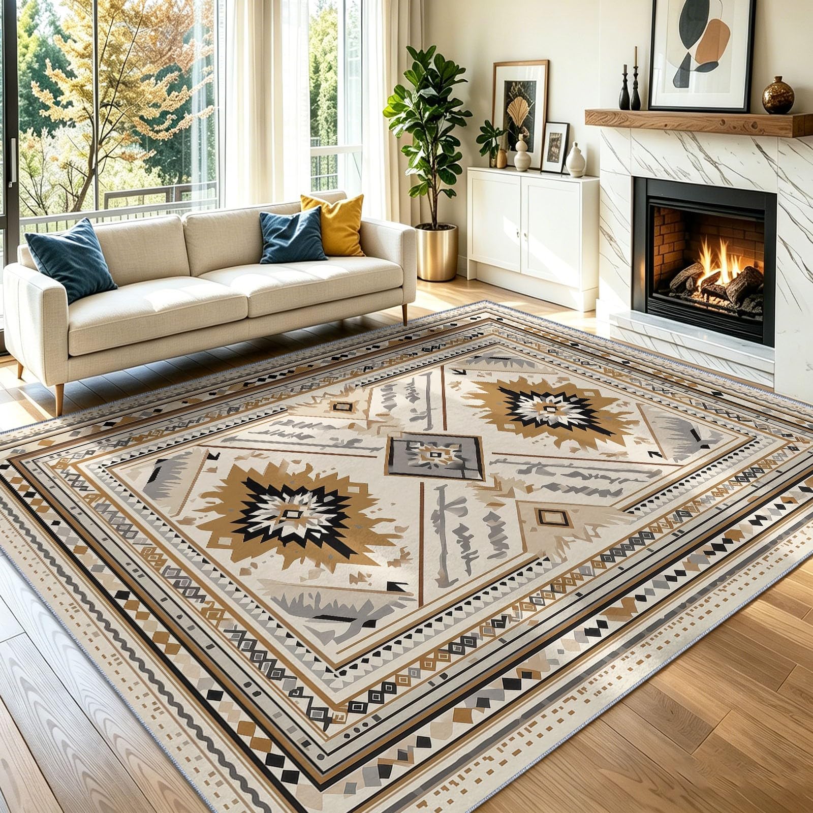 Waschbarer Teppich Wohnzimmer Suedwestlich Ethnisch, 80 x 150 cm Kurzflor rutschfest Teppich Weich Teppiche mit Druckmuster für Schlafzimmer, Esszimmer, Rauten Pfeile Geometrisch ZickzackBraun