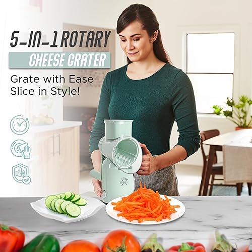 Miniatura 7 de Rallador de queso giratorio 5 en 1 con manivela de mano - Rebanador multifuncional de verduras, trituradora de nueces y quesos - Rallador de