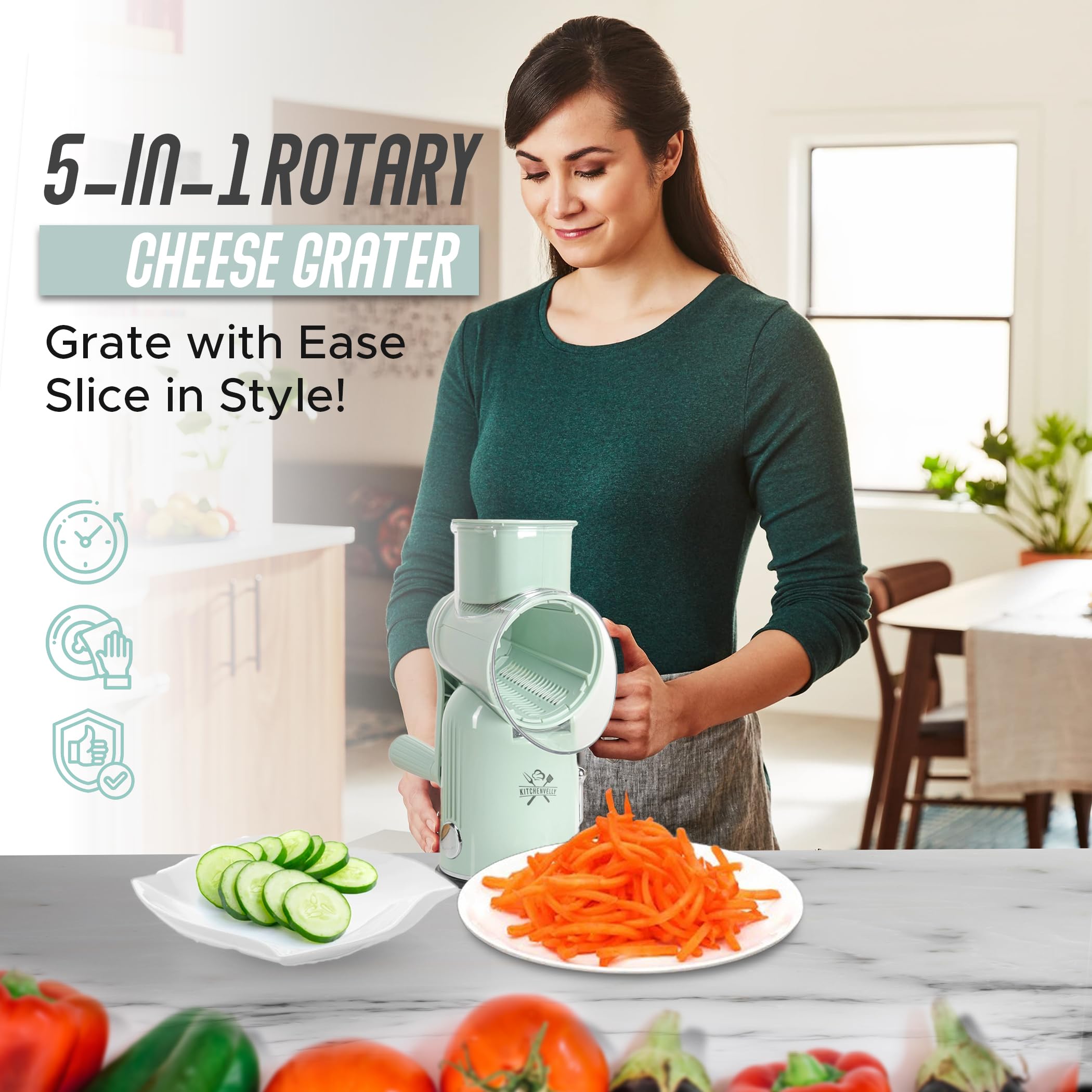 Rallador de queso giratorio 5 en 1 con manivela de mano - Rebanador multifuncional de verduras, trituradora de nueces y quesos - Rallador de alimentos fácil de limpiar (verde) 7