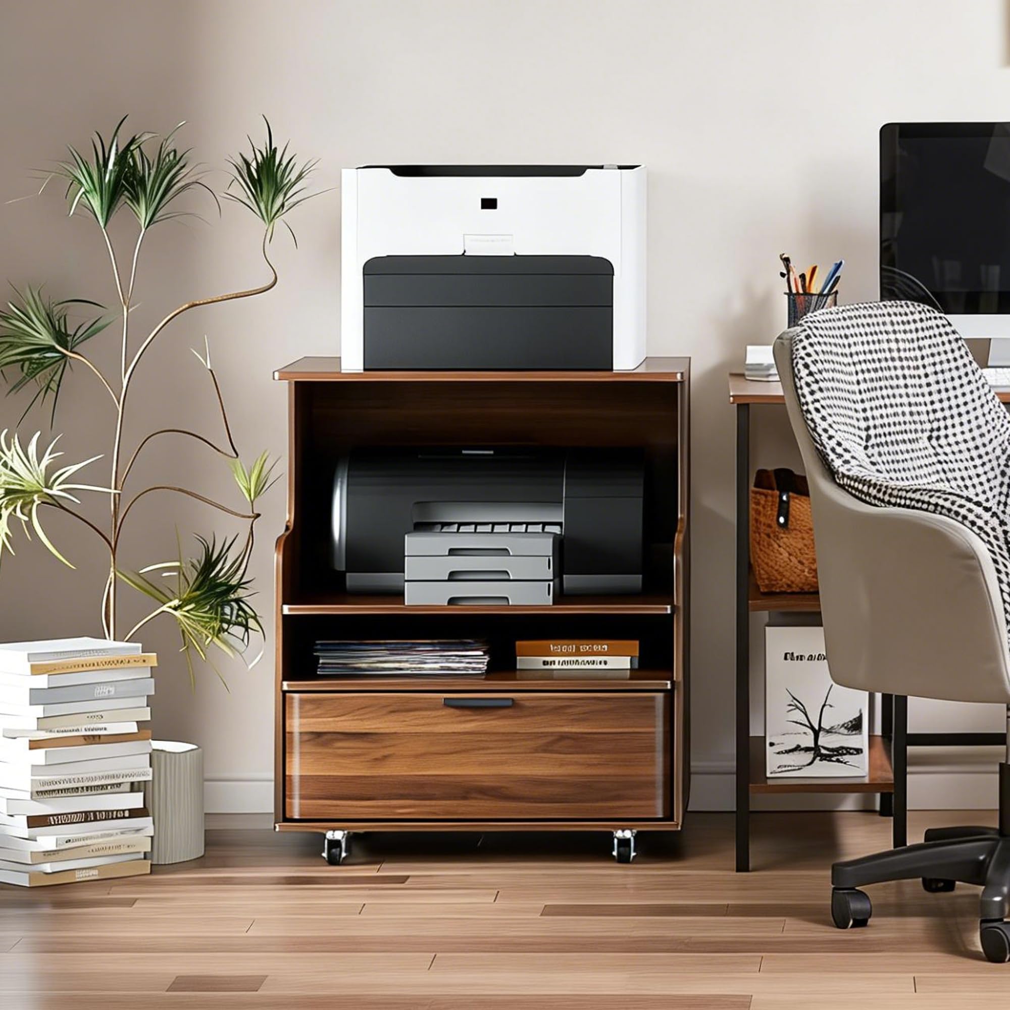 Rolling Printer Stand with Drawer and 3-Tier Storage Shelves, Mobile Wood 3D Printer Cart Under Desk with Wheels, for Home Office Small Spaces Organization, Walnut