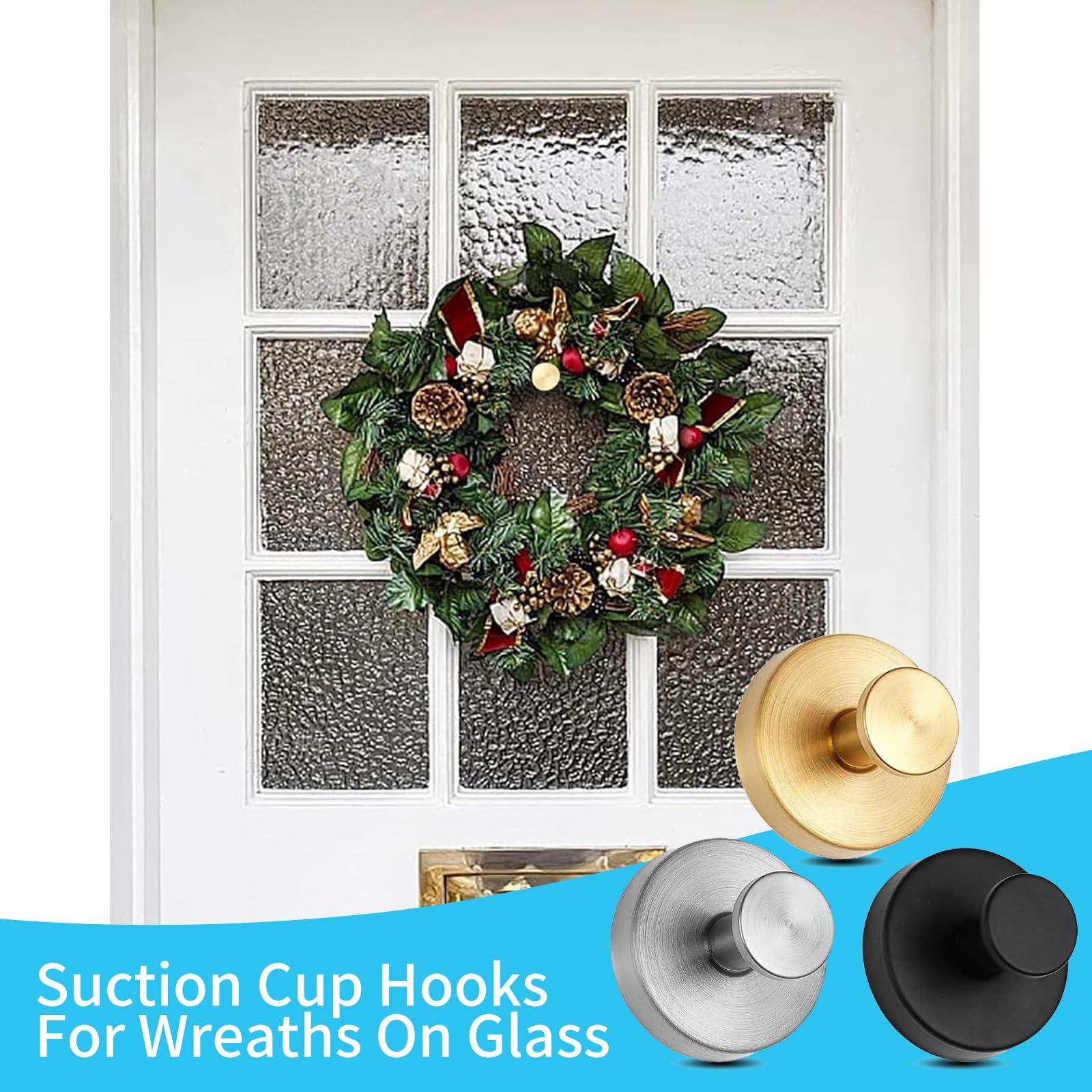 Benksaas Suction Cup Hooks for Wreaths on Glass, 2025 New No Drill Suction Cup Hooks for Shower Hanging Towels, Suction Cup Wreath Hanger Holder for Glass Window Door Bathroom Mirrors (Gold, 2)