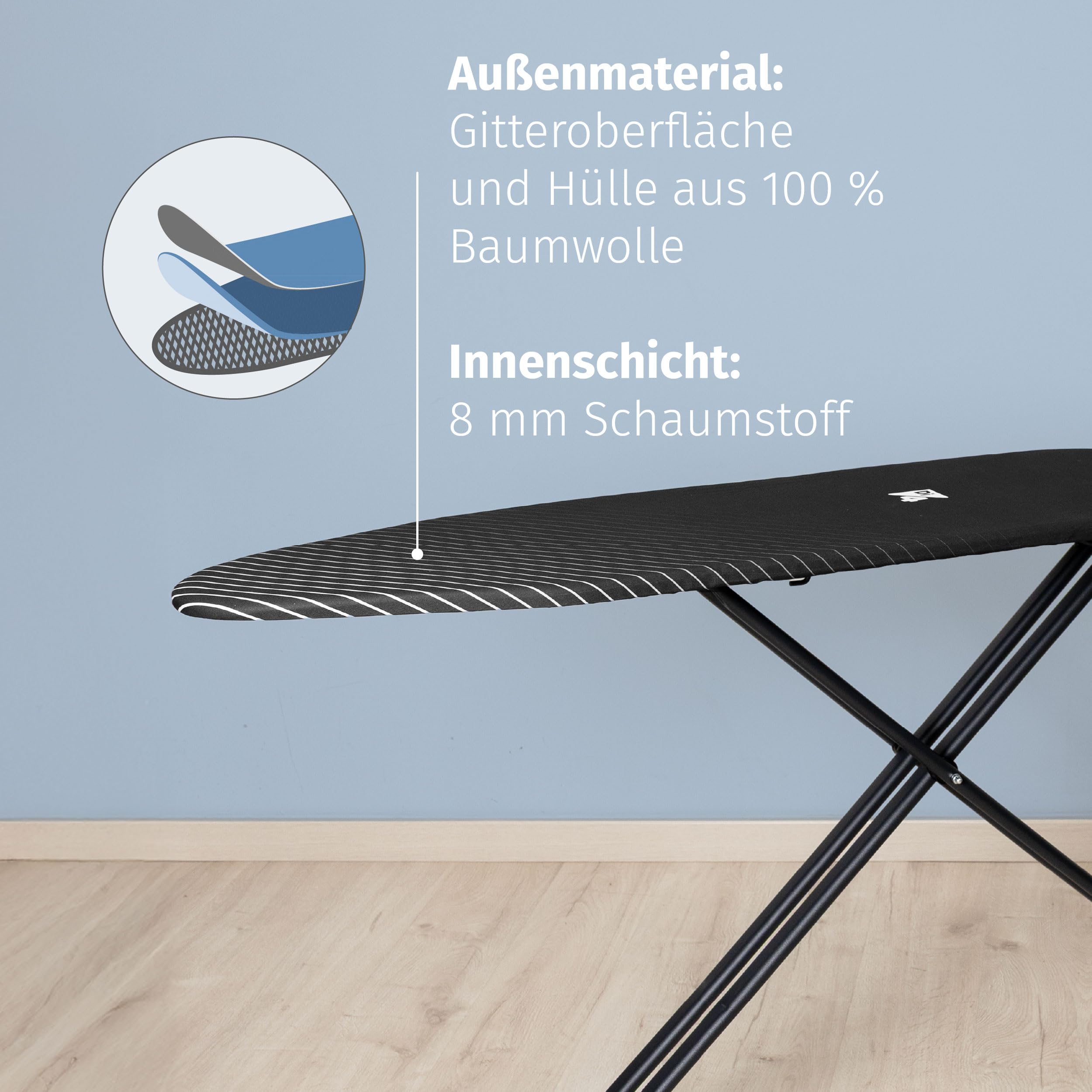 Di4 Bügeltisch Press Vivo, Bügelfläche 120x45 cm, Höhenverstellbar, Klappbar, Widerstandsfähiger Baumwollbezug, Ergonomisch, Ablage für Bügeleisen und Dampfbügelstationen