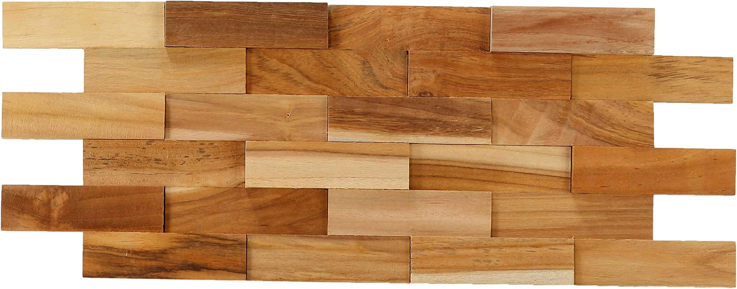 EZ-Wall Brick 3D Pattern Tile in Solid Teak Wood Natural Finish, Set of 10