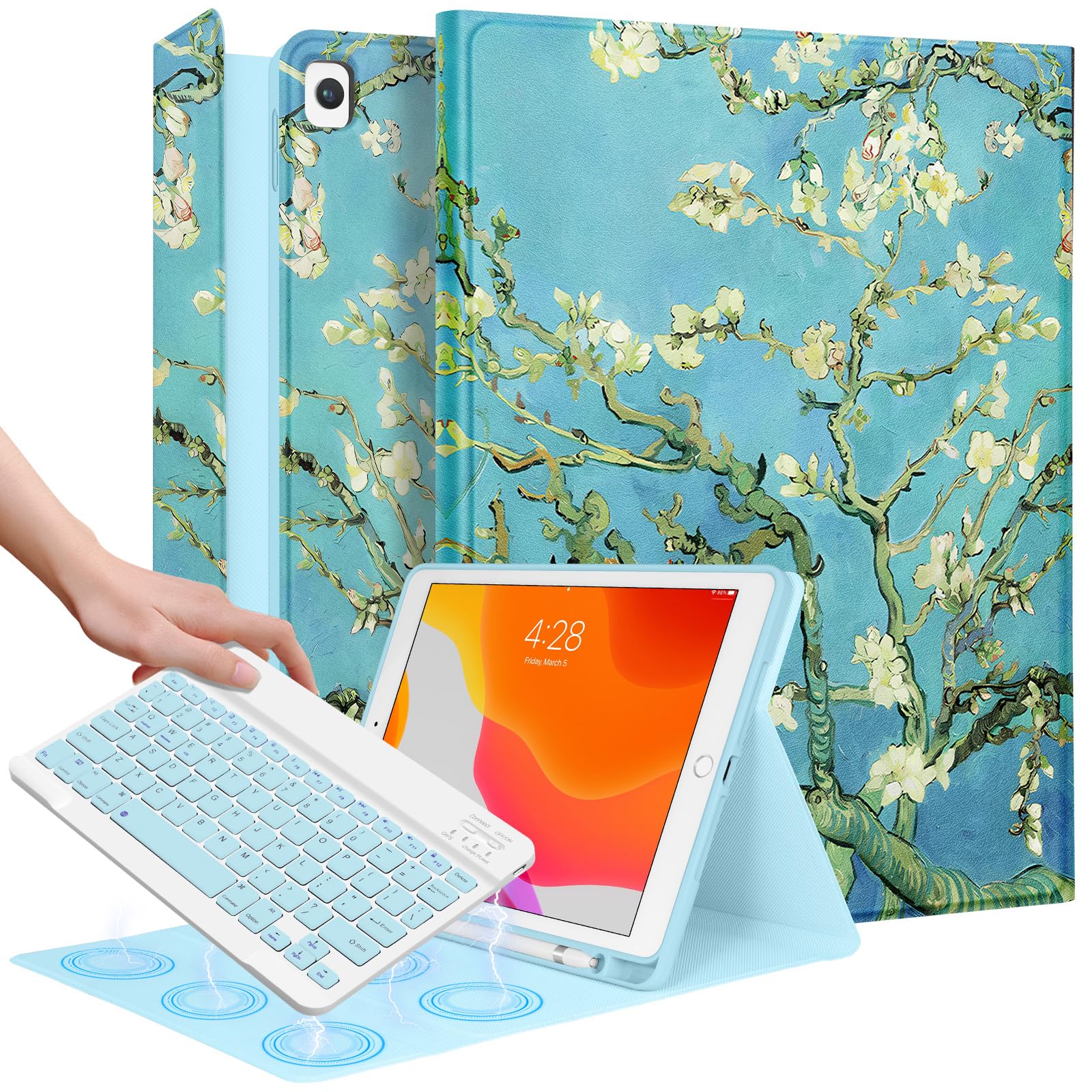 Wazzasoft for iPad 9th/8th/7th/Air 3rd Generation/Pro 10.5 Inch Case Keyboard Pencil Holder Folio Tablet Cover Women Girls Cute Girly Teens Kawaii