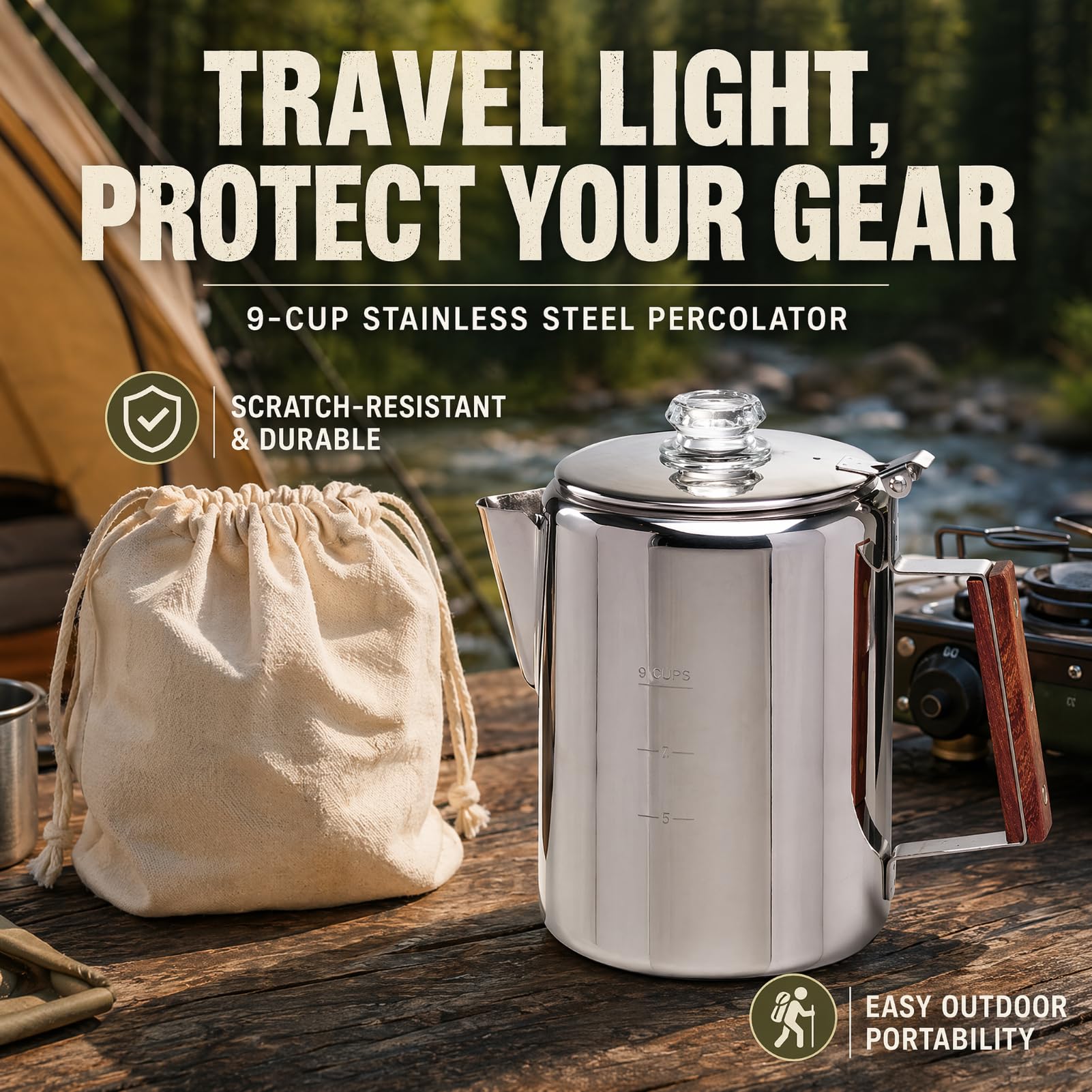 ZOWIE KING Camping-Fire - Cafetera percoladora para estufa, cafetera de acero inoxidable, libera sabor al aire libre (9 tazas)