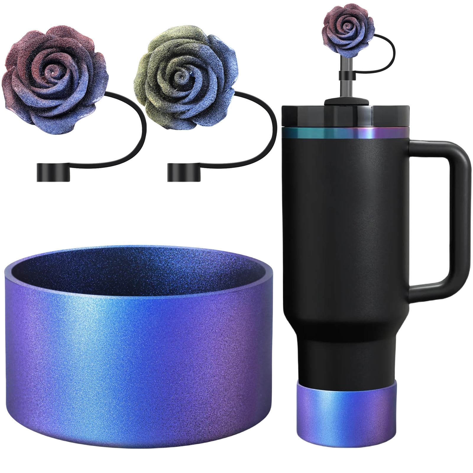 Oythyg Gradient Silicone Boot and 2 PCS 10MM Glitter Straw Cover, Anti-Slip Sleeves Bottom Protector Compatible with Stanley Cup 20 30 40 Oz Water