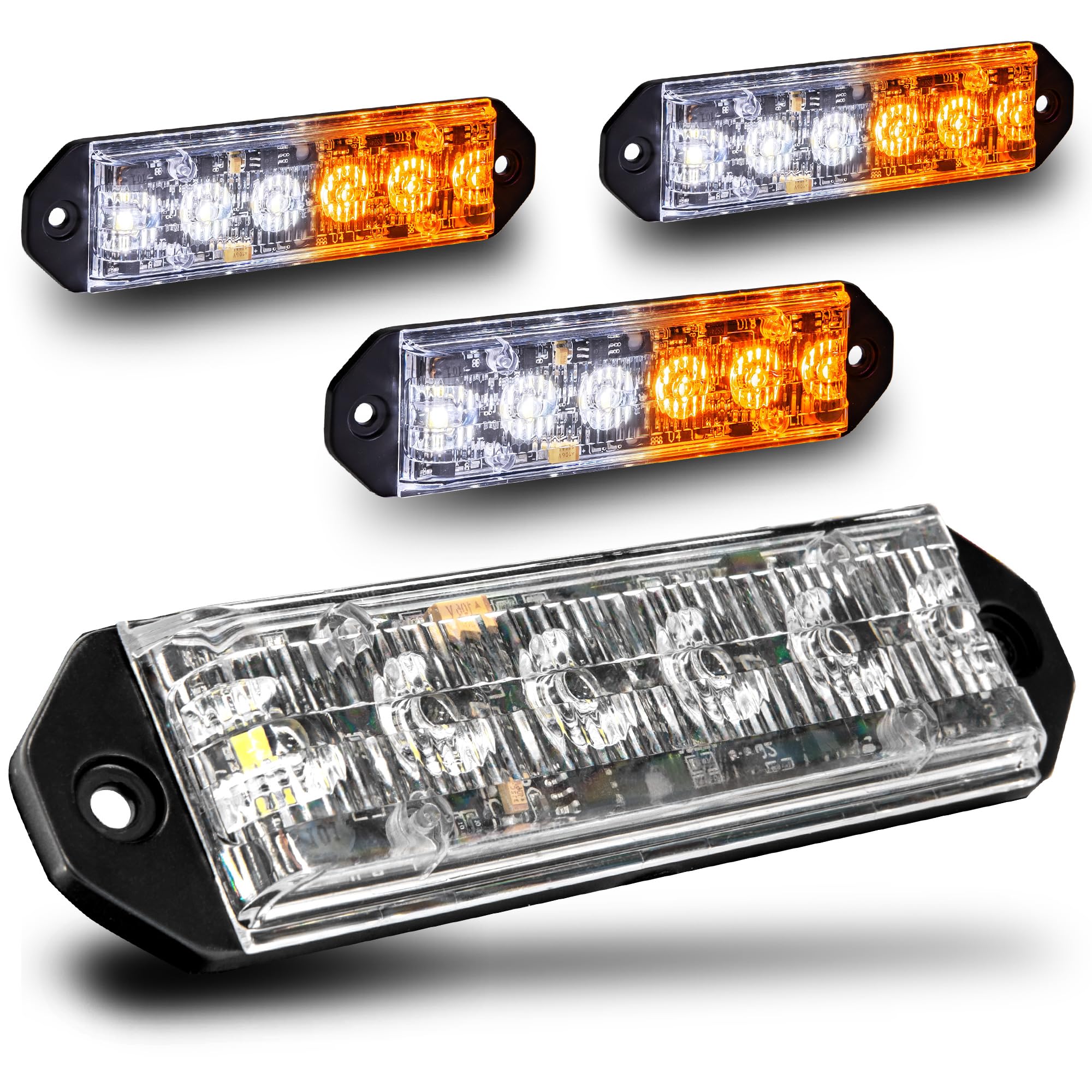 LAMPHUS 4pc PlanarFlash 6W Amber White LED Surface Mount Police Grill Strobe Warning Lights [SAE Class 1] Yellow Clear Grille Flashing Emergency Fire Lights for Servcice Work Truck Vehicle