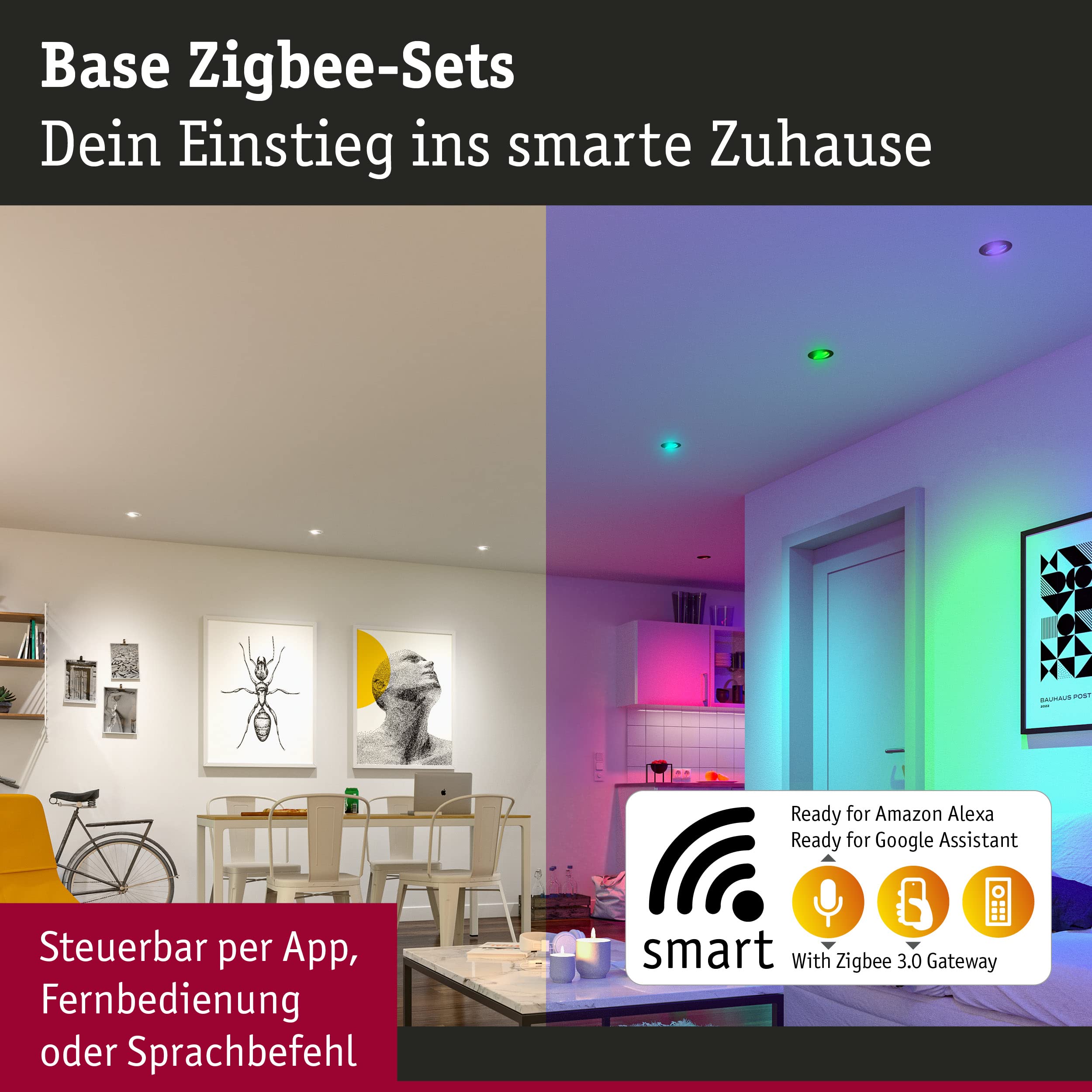 Paulmann 92466 LED Einbauleuchte Base Smart Home Zigbee Basisset schwenkbar rund 230V 3x4,9W 3x420lm dimmbar 90mm Weiß Metall RGBW+