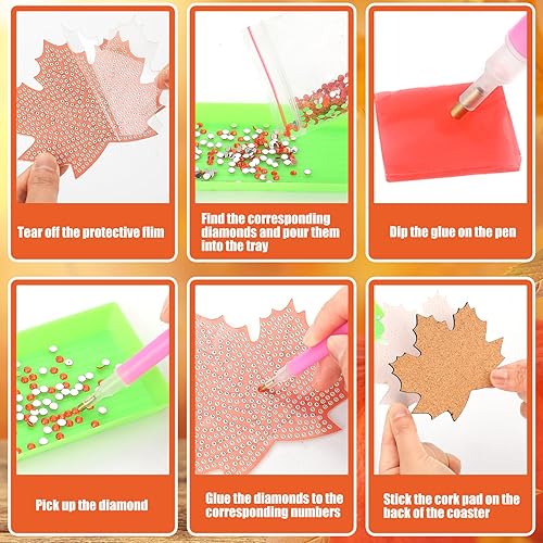 Miniatura 6 de Sratte Juego de 8 posavasos de otoño con diseño de diamantes de calabaza, hojas de arce, juego de posavasos de arte de diamante de Acción de Gracias