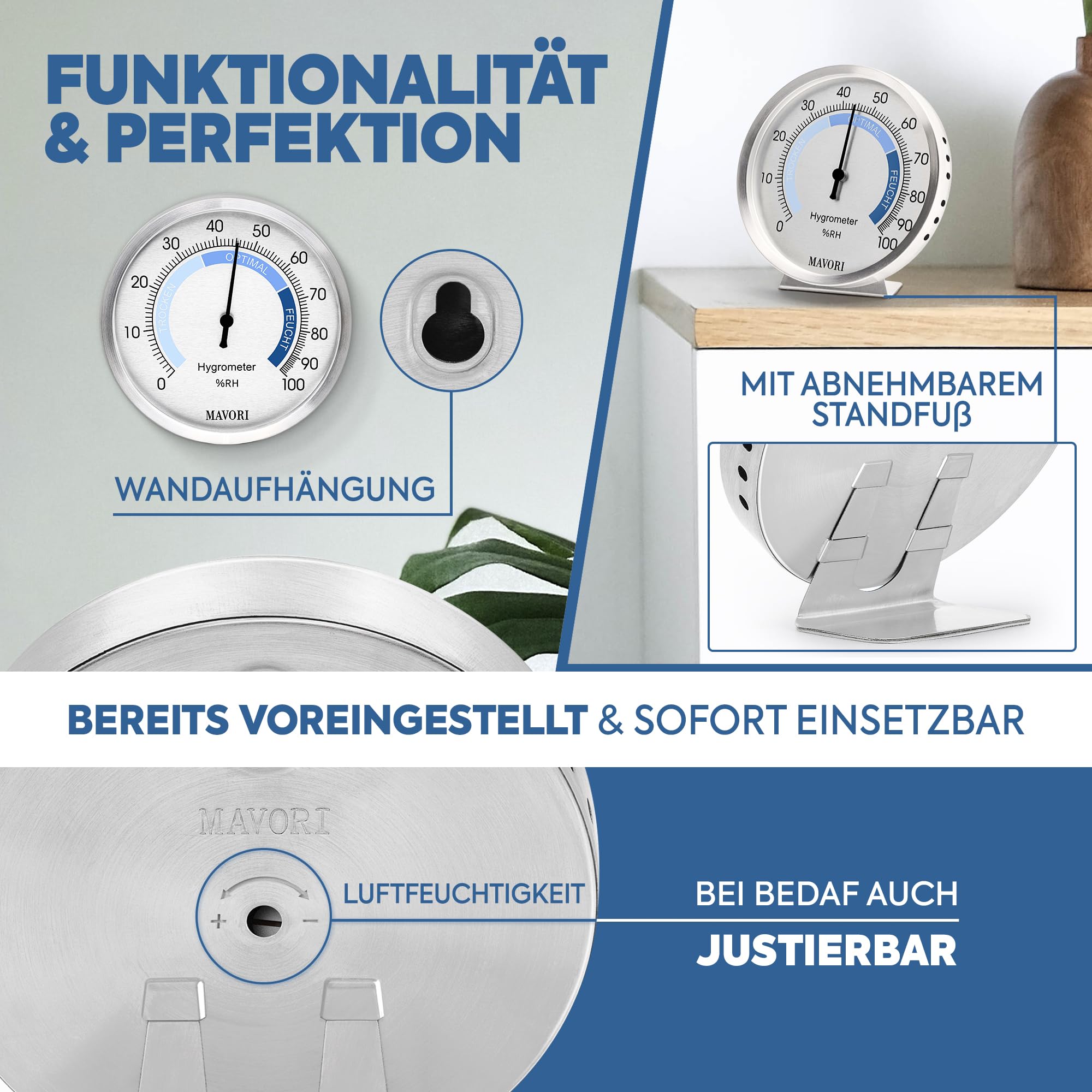 Hygrometer innen analog aus Edelstahl - eleganter & präziser Luftfeuchtigkeitsmesser für ein gesundes Raumklima - umweltfreundlicher batteriefreier Betrieb - Ø 9,5 cm