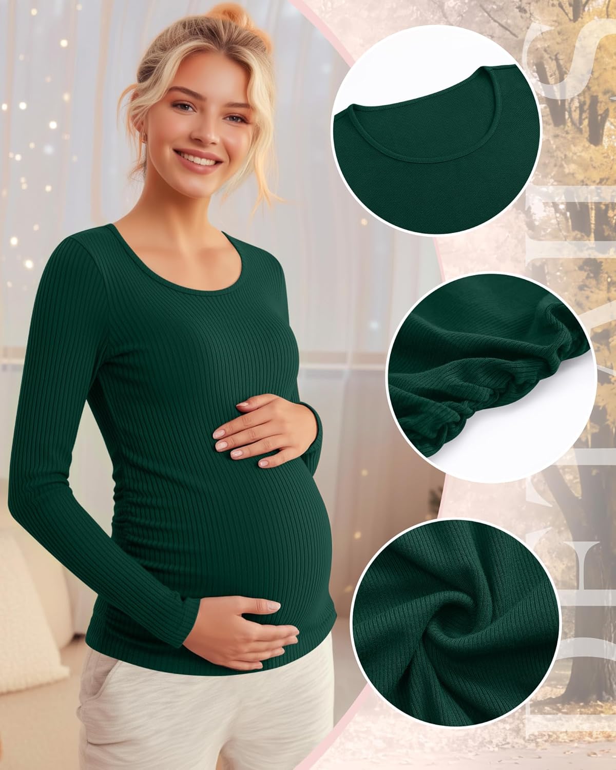 Riyiper 4 Pack Women's Maternity Shirts, Long Sleeve Cotton Ribbed Pregnancy Tee Top Crewneck Side Ruched Casual Mama Clothes - Image 5