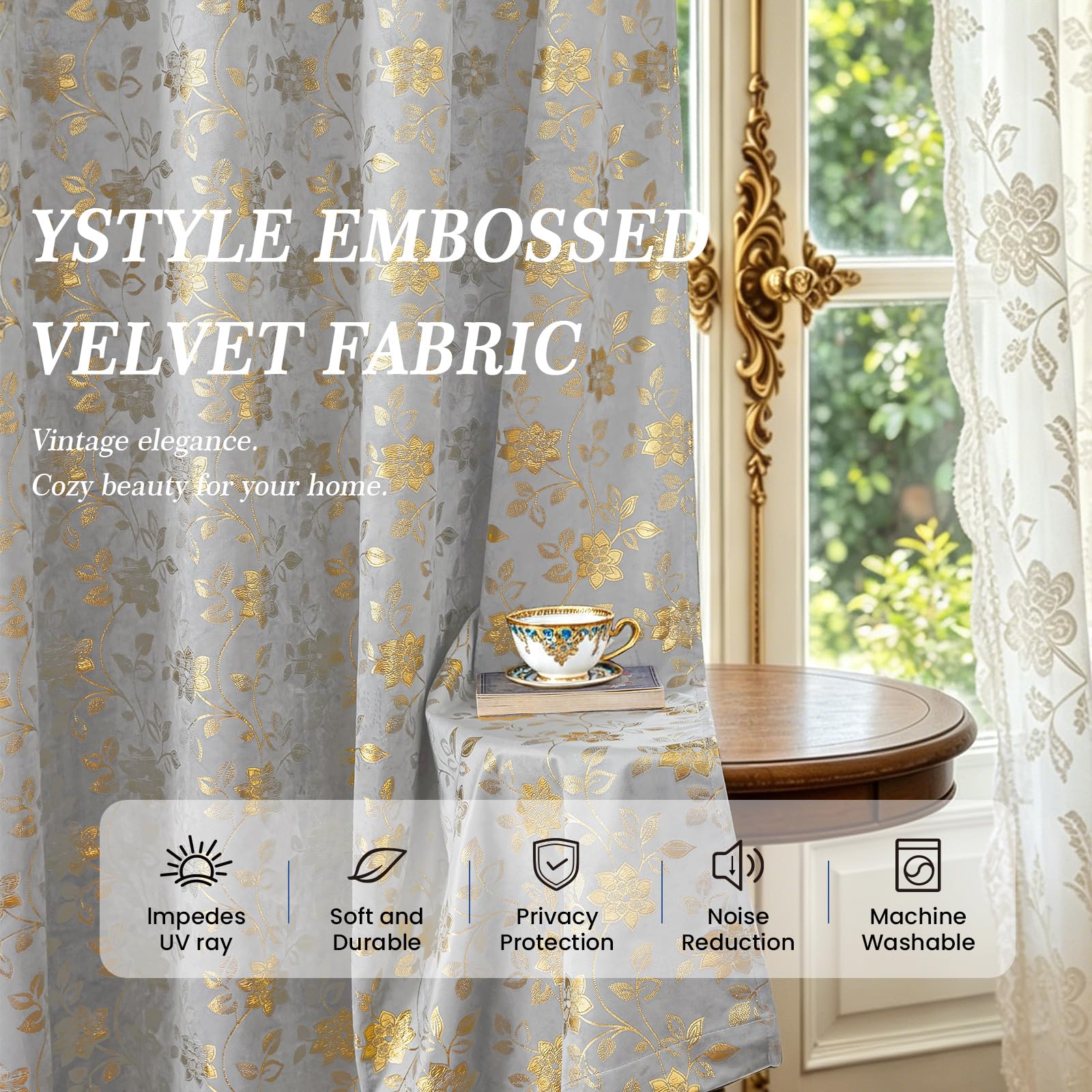 Ystyle Rideau Occultant Lot de 2, 140x225 CM, Beige | Rideaux Floraux Vintage Élégants, Rideau Thermique Isolant Anti Froid et Chaleur, Idéaux pour la Chambre et le Salon