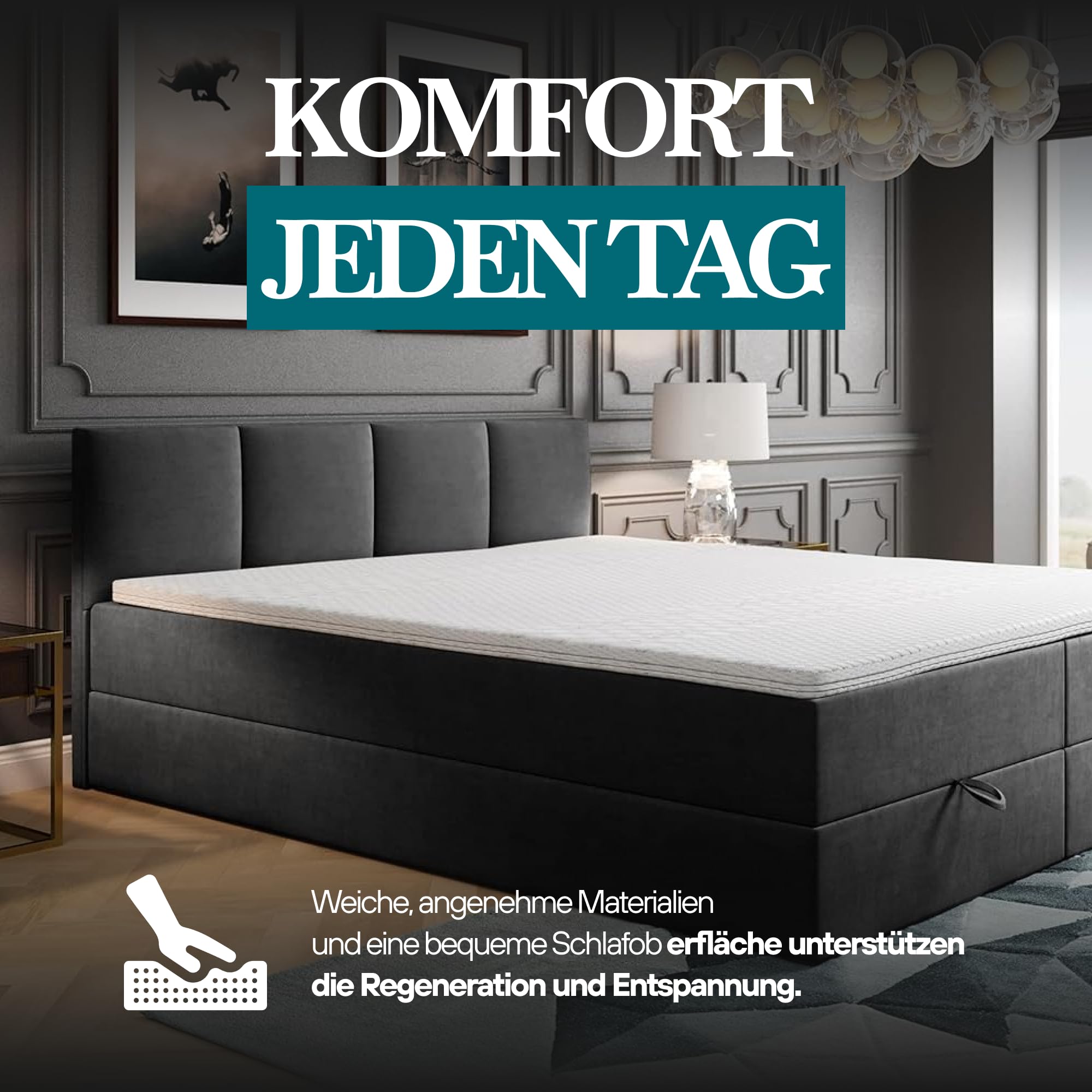 TRADA Boxspringbett 180x200 cm mit Bettkasten & Bonellmatratze, Dunkelgrau | Modell ROYAL, Elegant Bett mit Topper