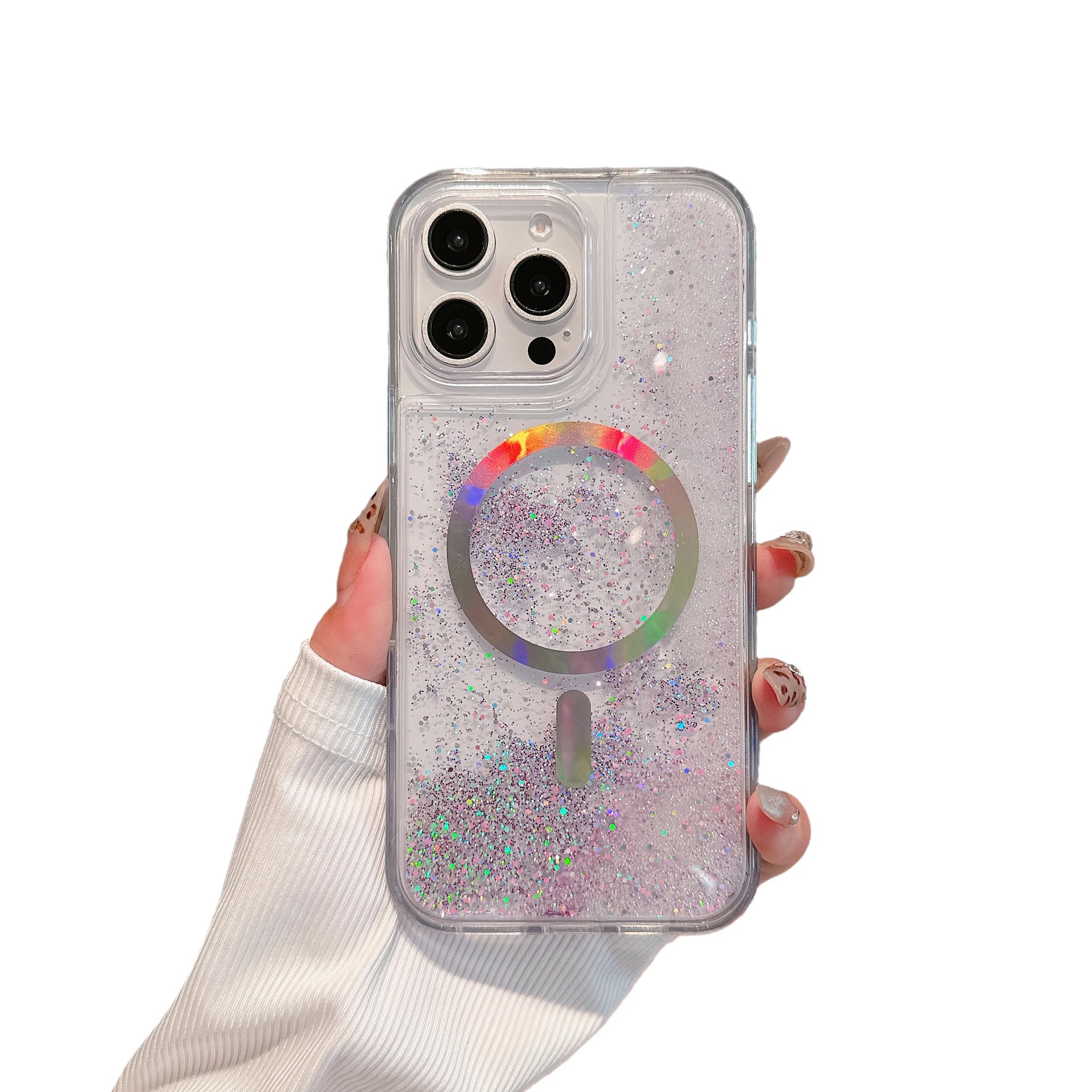 Laser Glitter Flowing Liquid Quicksand Magnetic Phone Case for iPhone, Compatible with MagSafe (Purple,iPhone 15)