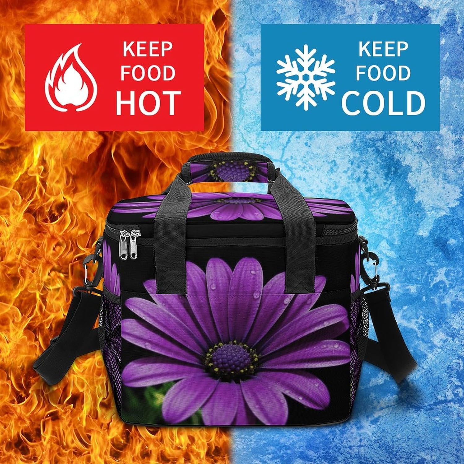 Large-Capacity Oxford Cloth Purple Daisy Printed Camping Ice Bag, Outdoor Portable Insulation and Cold Storage Bag, Enjoy A Cool Camping Time