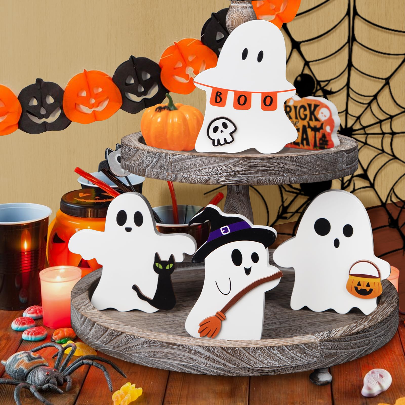 SOETDERT Süße Halloween Geister Deko - 3er Set Holz Tischschilder Mit Hexe, Kürbis & Katze - Niedliche Tischdeko Für Halloween Party