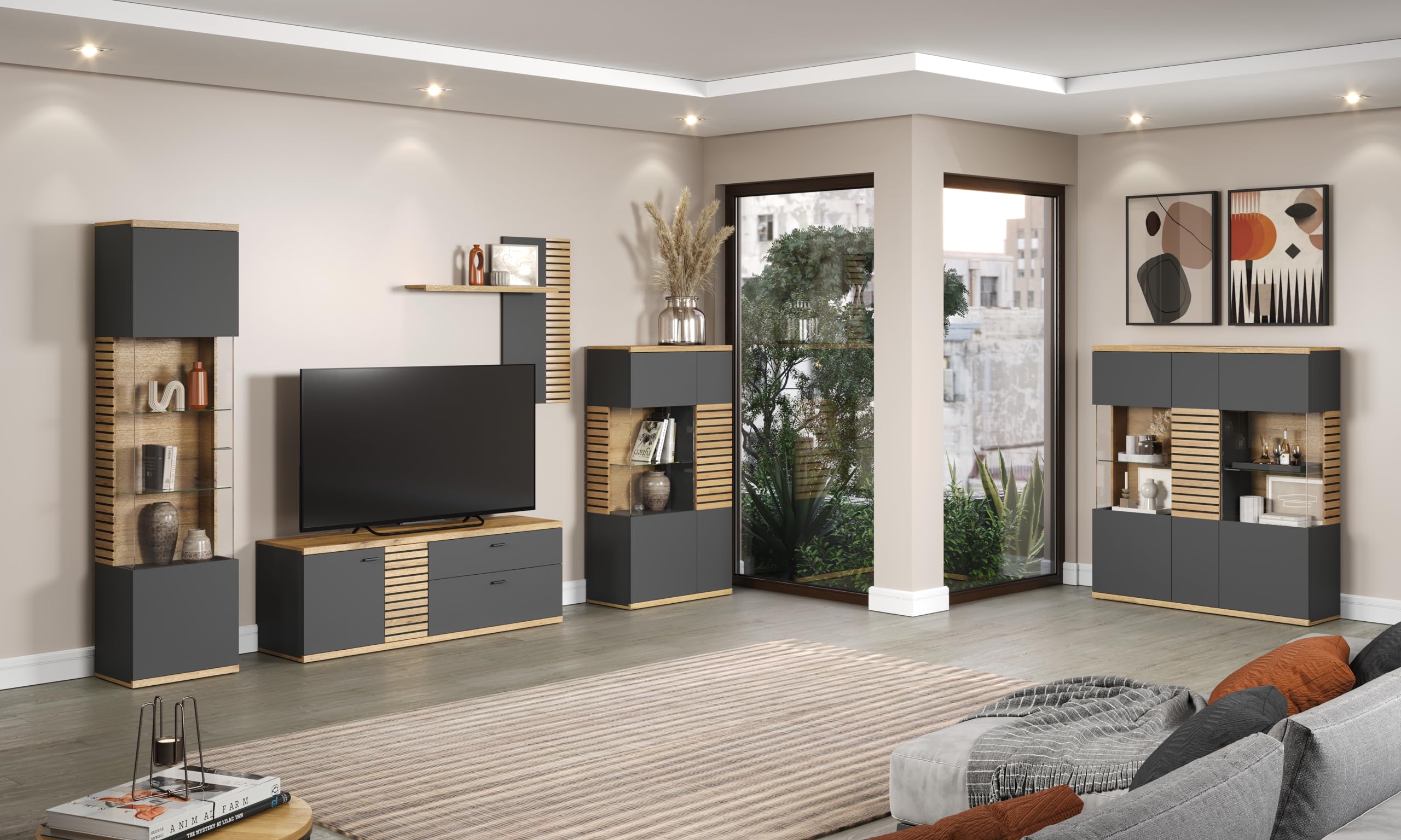 trendteam smart living - Norris - Vitrine - Anthrazit/Evoke Eiche - Highboard mit 15 Fächern - (BxHxT) 131 x 147 x 38 cm - Soft-Close-Türen und Vollauszug-Schubladen - kratzfest