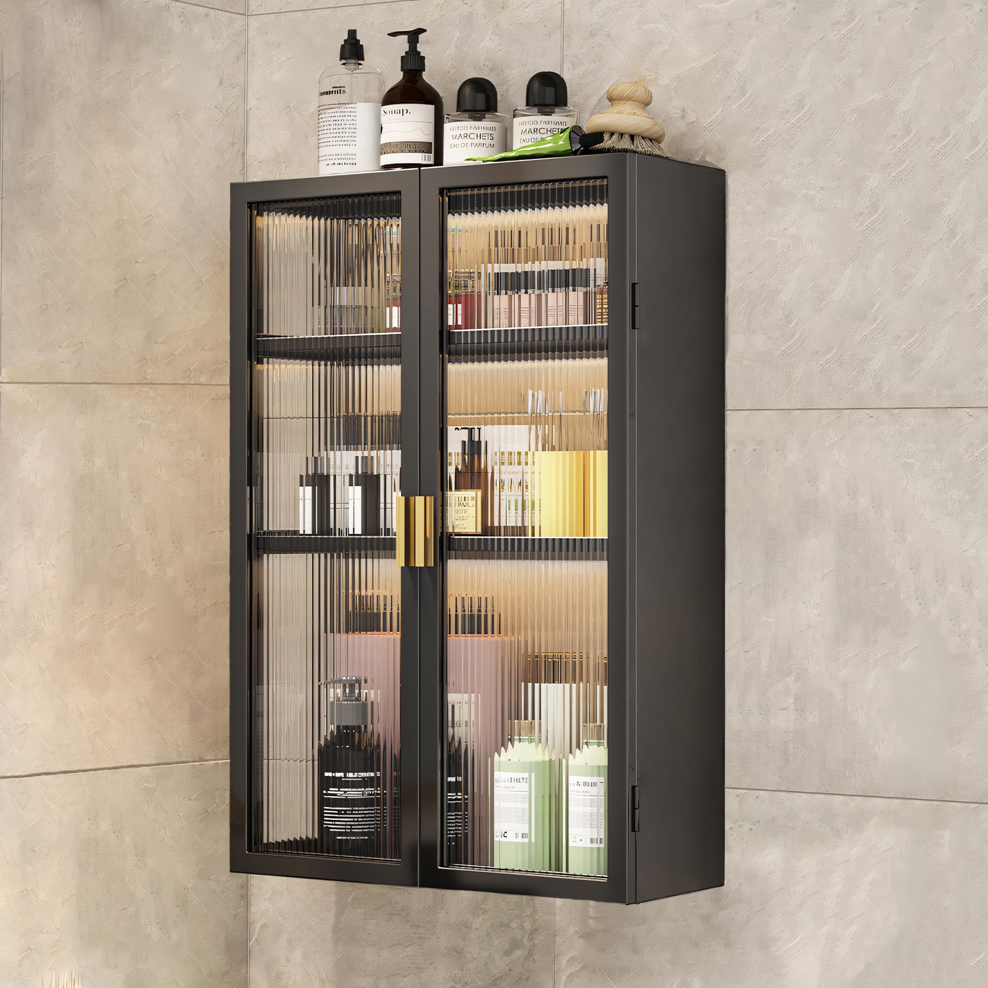 MIORAH Multipurpose Wall Mounted Storage Cabinet, Bathroom Accessories Organiser with Door & Transparent Window, 3 Layer Shelf, 40 cm, Black, Carbon Steel, Self Adhesive Dual Installation