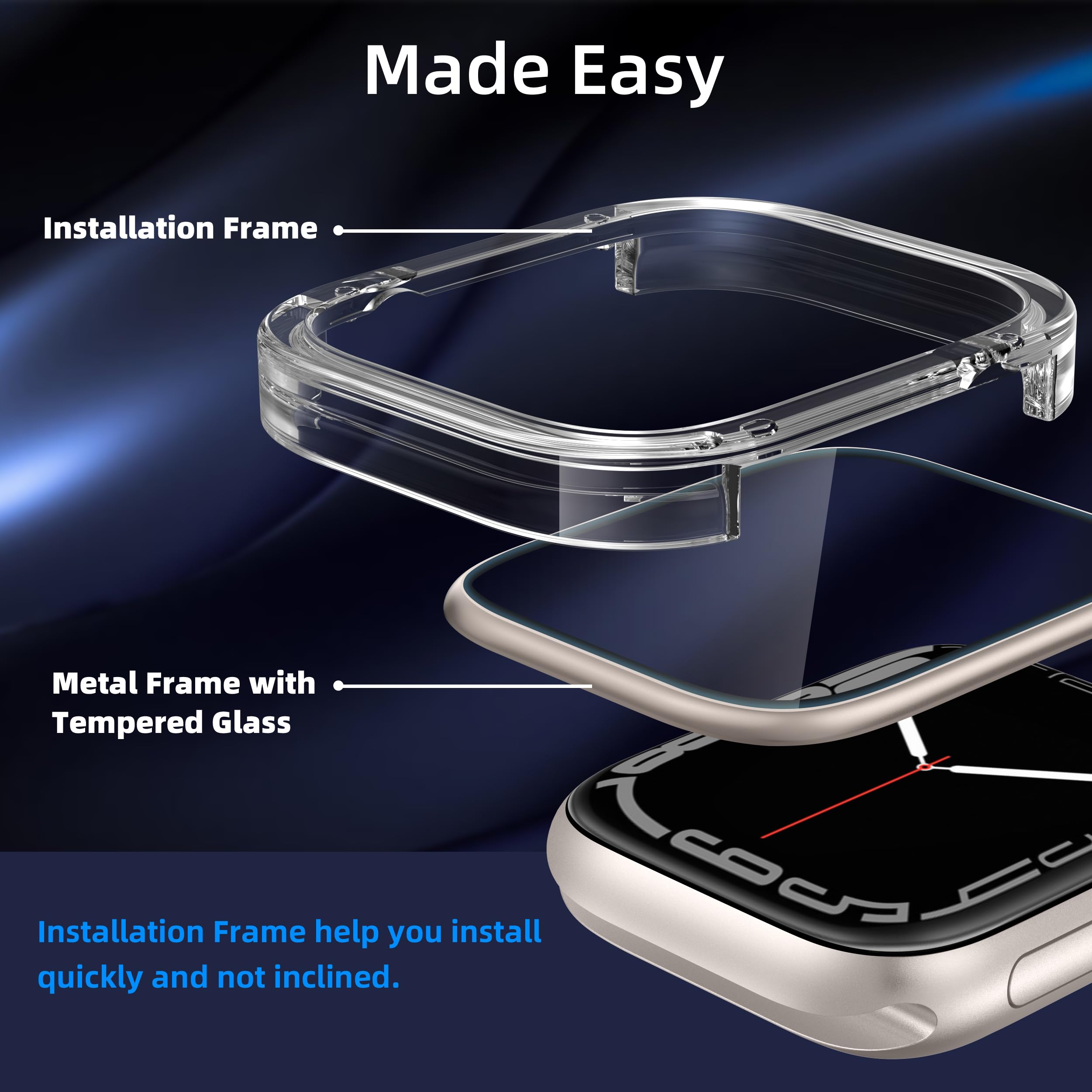 SWUU 2 Pack Tempered Glass Screen Protector with Metal Frame Compatible with Apple Watch SE2 SE Series 6 5 4 44mm Screen Protector, Easy Installation Frame Waterproof Film for iWatch 44mm Starlight