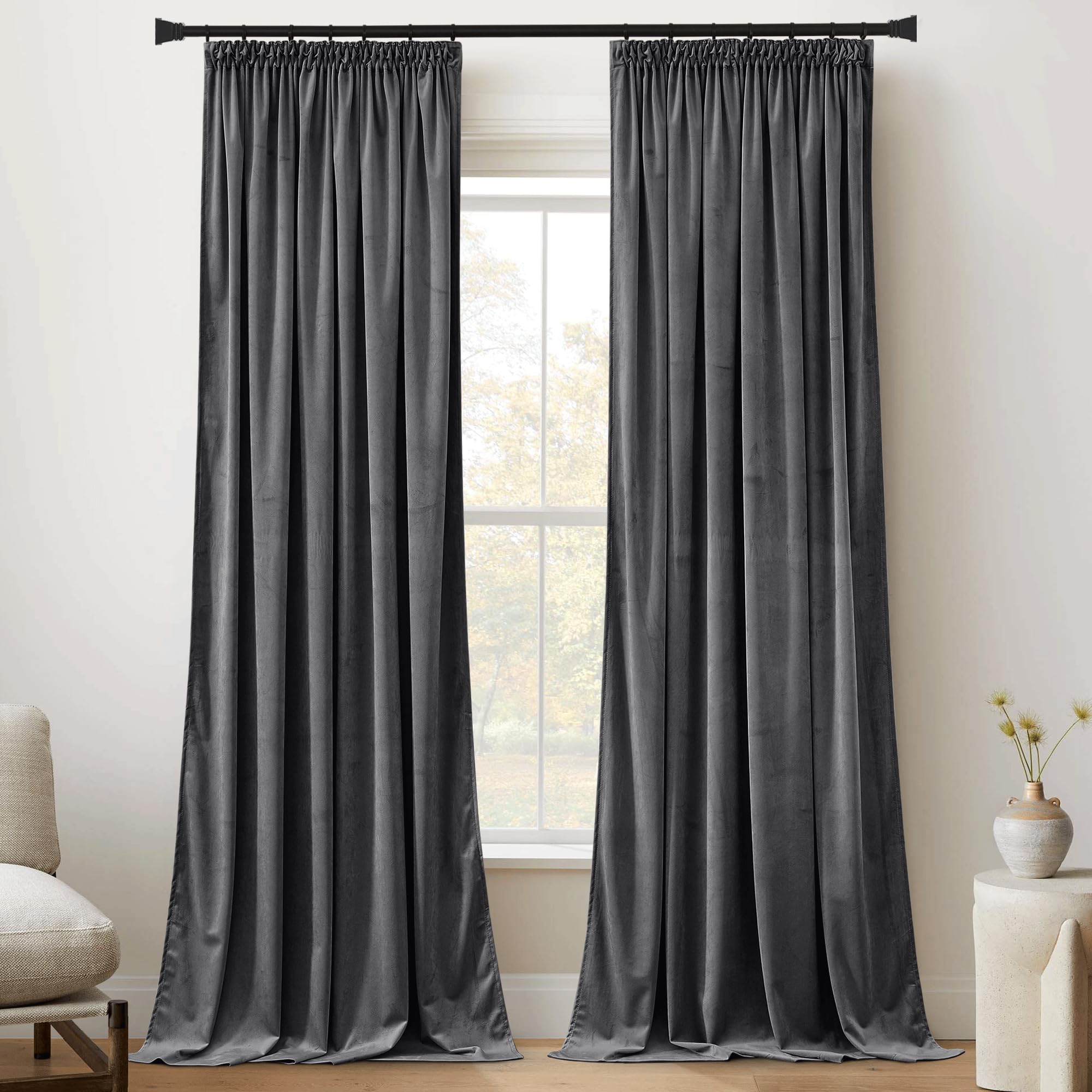 PONY DANCEGrey Velvet Curtains - Pencil Pleat Blackout Curtains 1 Pair of Thermal Luxury Velvet Drapes Elegant Home Decor Window Curtains for Living Room/Bedroom, 52x90 InchOEKO-TEX STANDARD 100