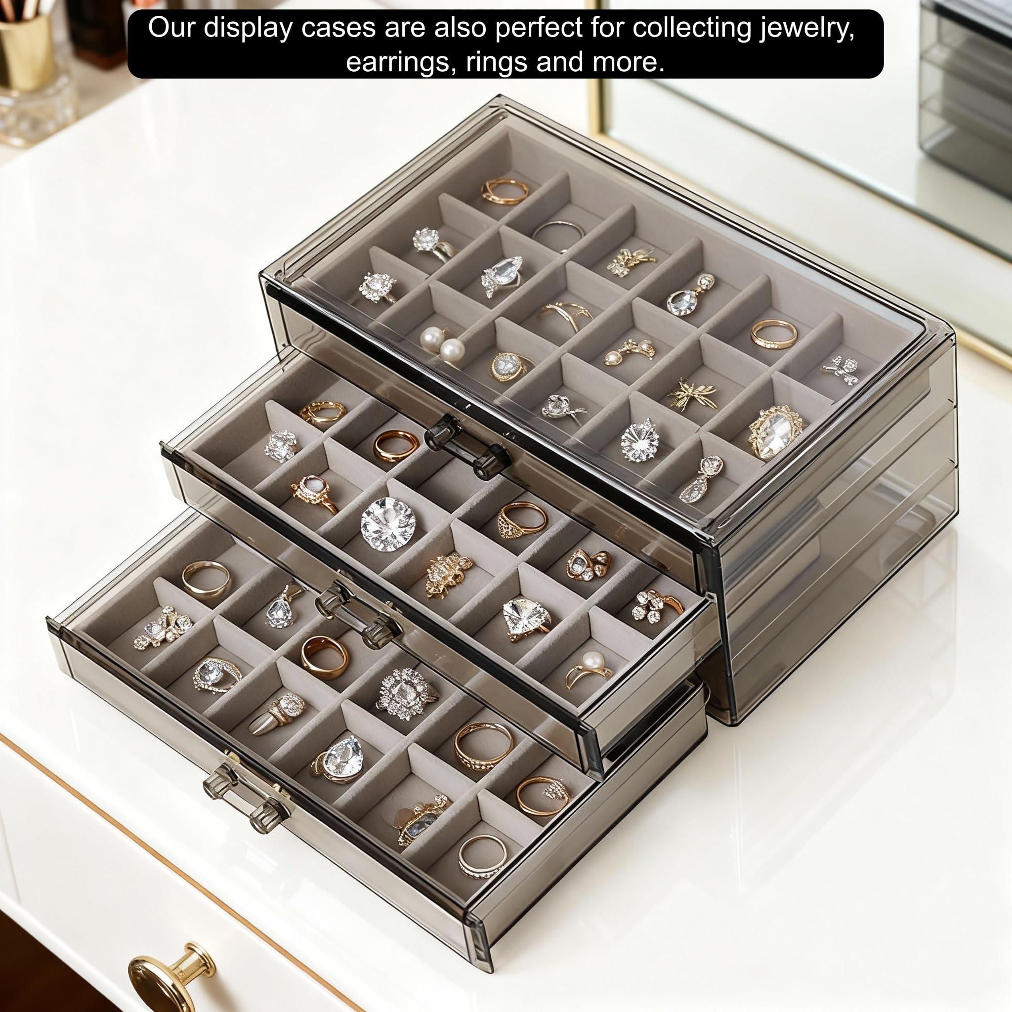Caja de Almacenamiento, Vitrina de 54 Compartimentos Para Piedras Vitrina de 3 Capas Para Piedras Preciosas Caja de Colección de Acrílico Transparente Para Recuerdos de Graduación Estuche de Joyería