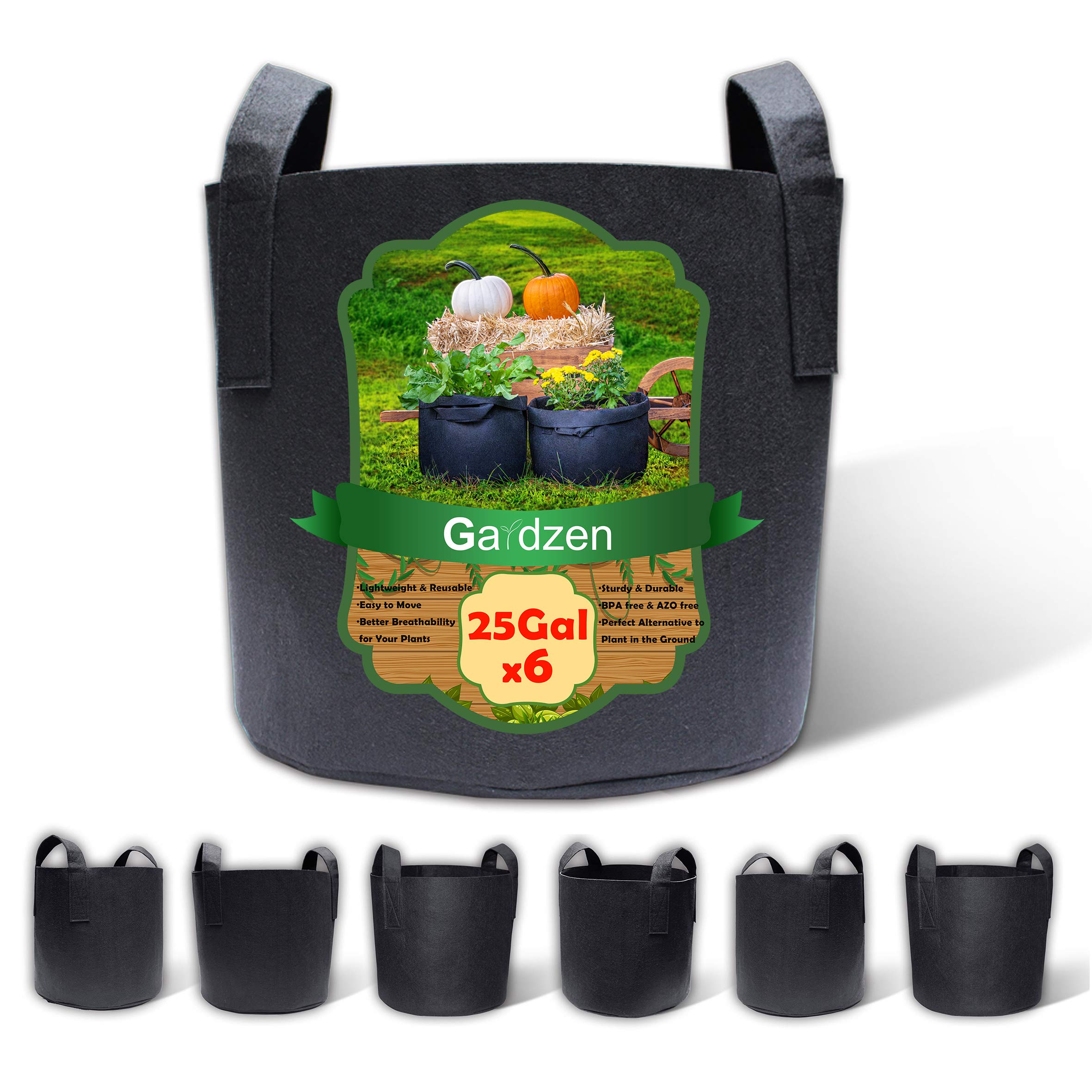 Gardzen6-Pack 25 Gallon Grow Bags, Aeration Fabric Pots with Handles, Heavy Duty Cloth Pots for s