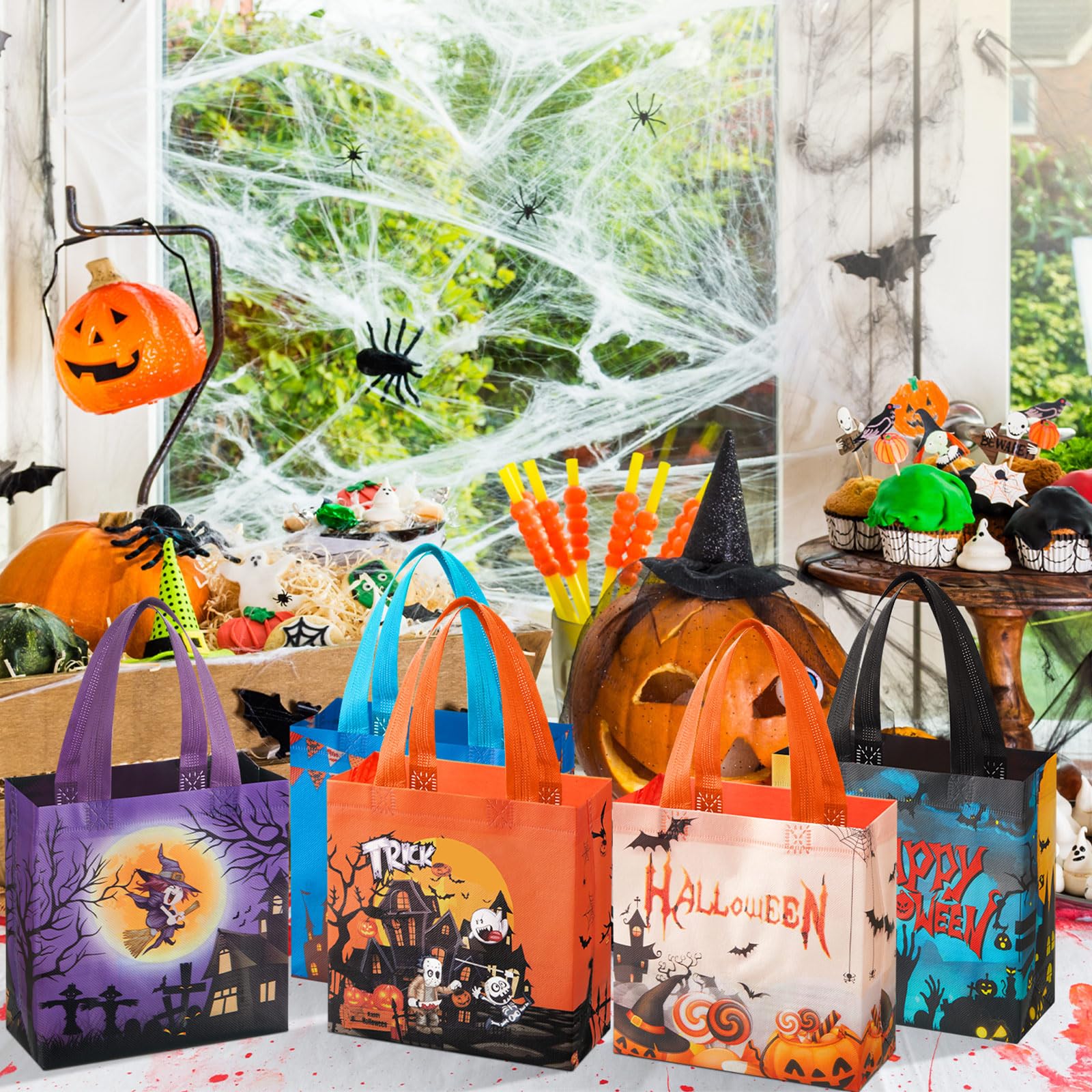 Sweetude Halloween Tote Bags 3 Pack - Reusable Canvas Trick Or Treat Bags With Pumpkin Skeleton Ghost Designs - View #6