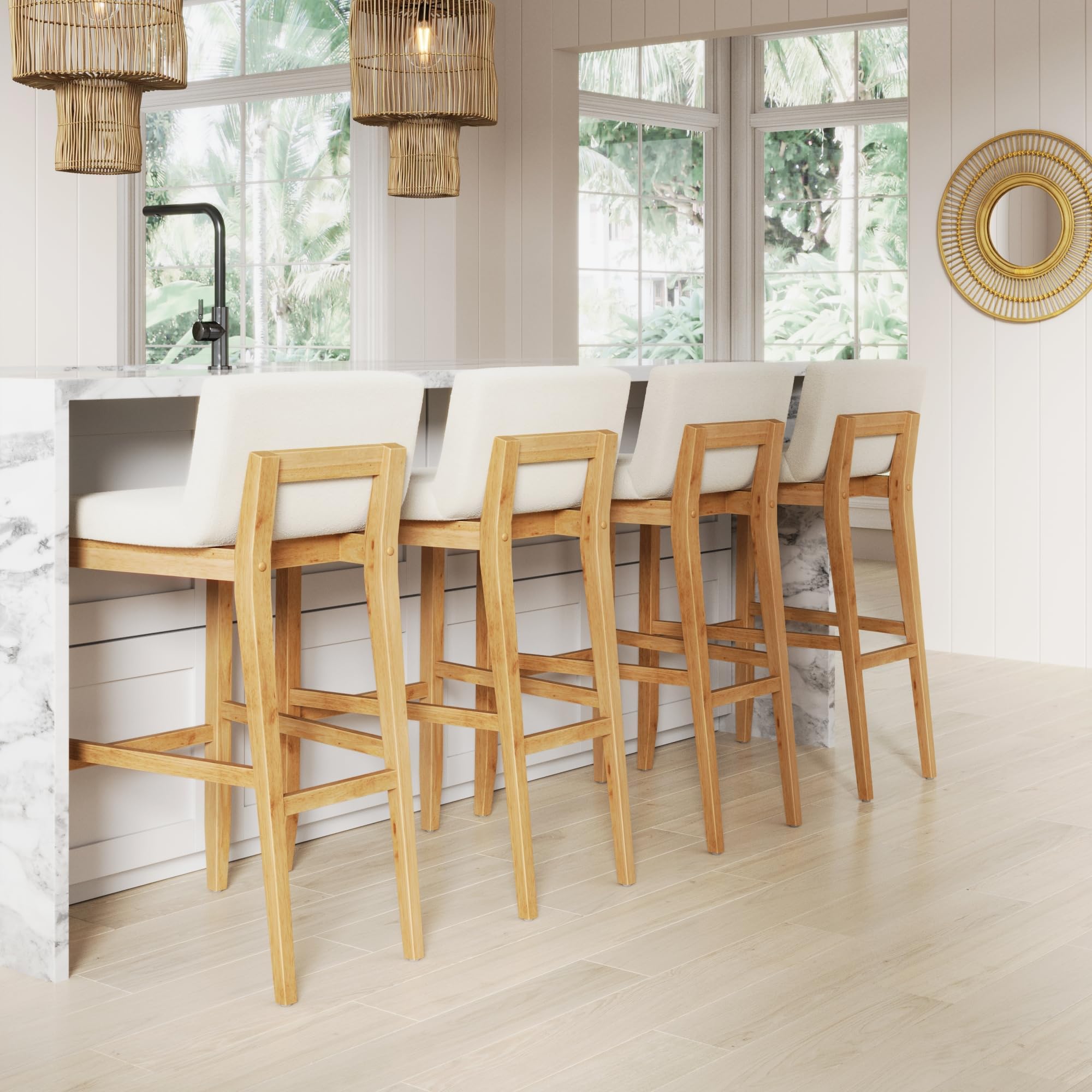 Nathan James Gracie Modern Upholstered Bar Stool, Wooden Bar Stool for Kitchen Island with Boucle Upholstery, Cream Boucle/Warm Pine, Set of 4