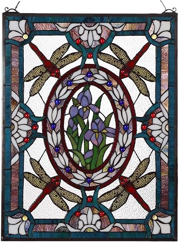 Bieye W10031 - Panel de ventana con diseño de libélula iris y flores, estilo Tiffany, con cadena, forma rectangular, 19 pulgadas de ancho x 25