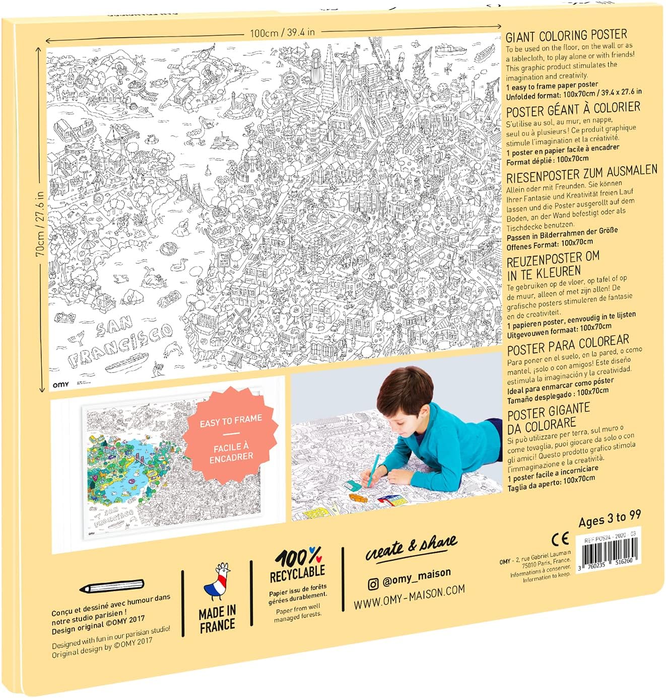 Omy Giant Coloring Poster – San Francisco - Map of San Francisco | Discover The Golden Gate City | 40 x 28 Inches | Creative Play and Fun for Kids, Teens, Adults, and The Whole Family
