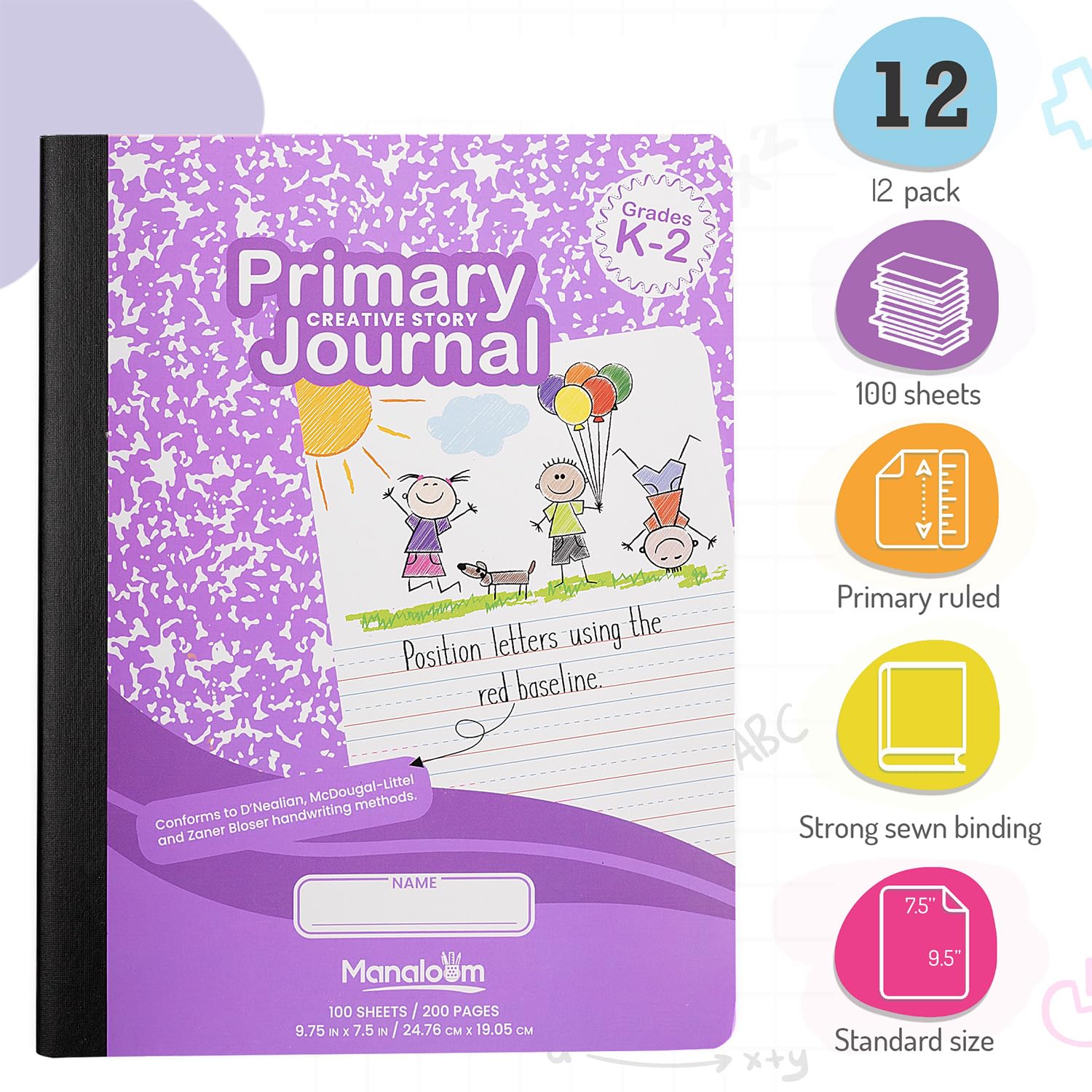 Quaderno per composizione primaria K-2, diario primario grado K 2, prescolare, 1 ° grado, quaderni per asilo, a righe primarie, 24 x 19 cm, copertina robusta, 100 fogli, colori assortiti, confezione