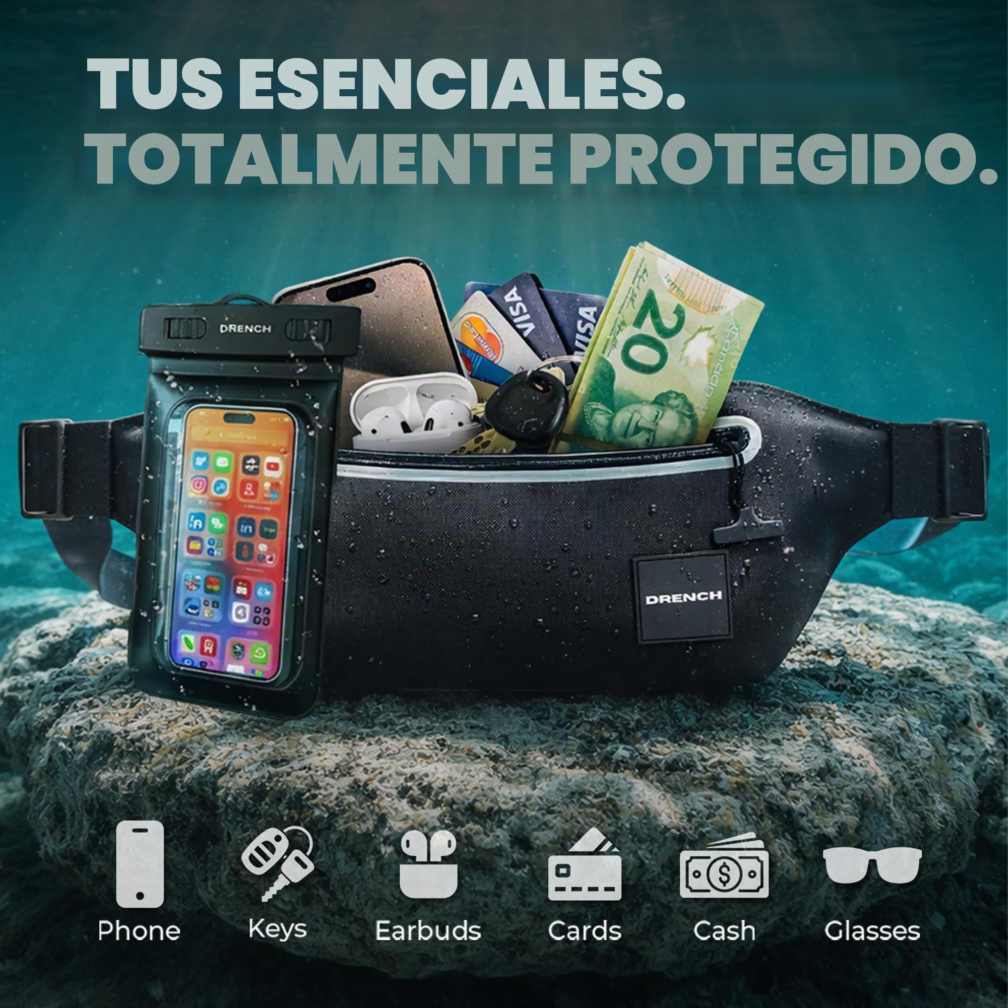 DRENCH 100% Underwater Waterproof Fanny Pack. Waist Pack. Submersible Waterproof Phone Pouch. Dry Bag for Swimming, Boating, SUP & Snorkelling. Underwater Phone case. Floating Belt Bag. Dry Bag Travel