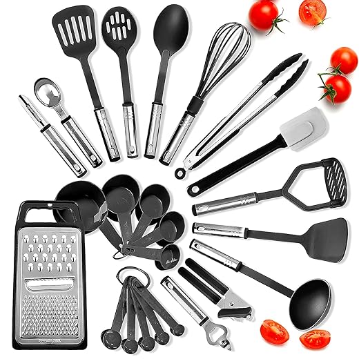 Kitchen Utensils Set - 24 PCS Nylon Cooking Utensils Set, Kitchen Spatula Set with Stainless Steel Handles - Heat Resistant Non-Stick Kitchen Tools - Black Kitchen Utensil Set