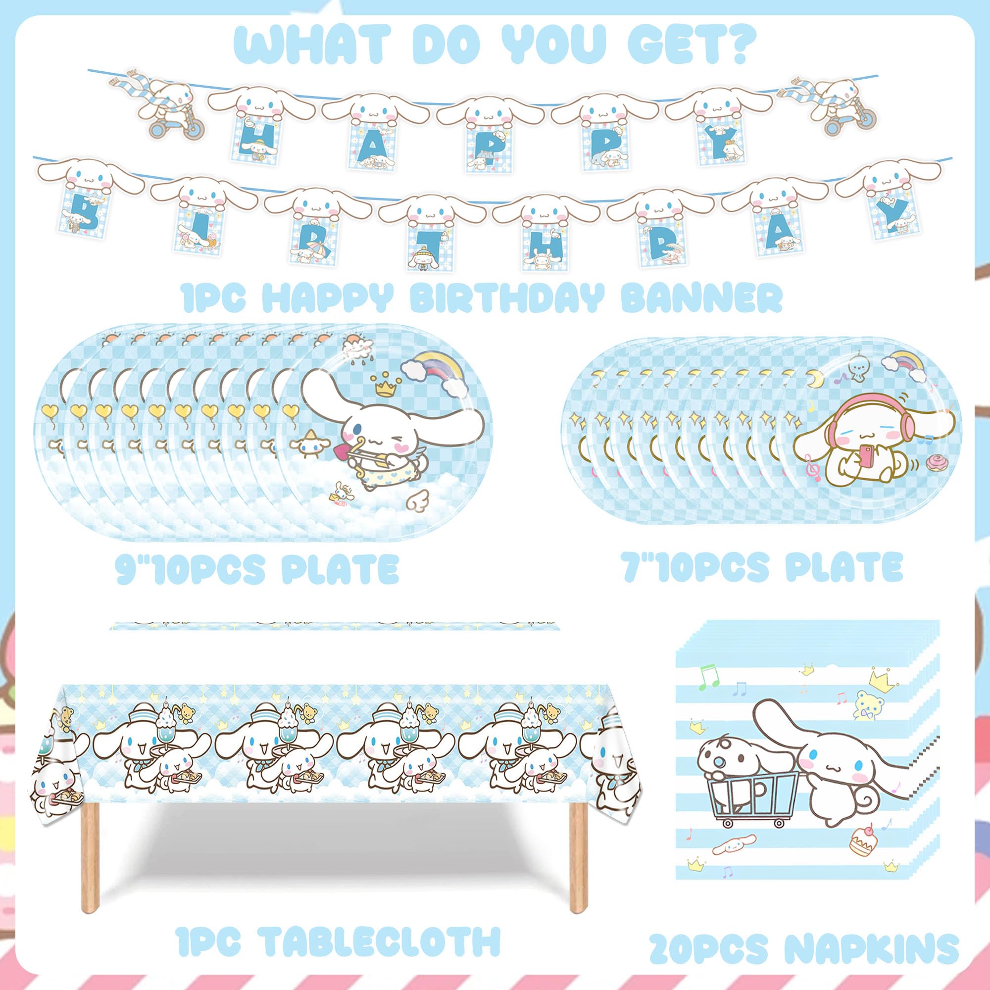 Cinnamoroll - Suministros de decoración para fiesta de cumpleaños, vajilla de fiesta Cinnamoroll incluye pancarta de cumpleaños, mantel, 10 platos de 9 pulgadas, 10 platos de 7 pulgadas, 20