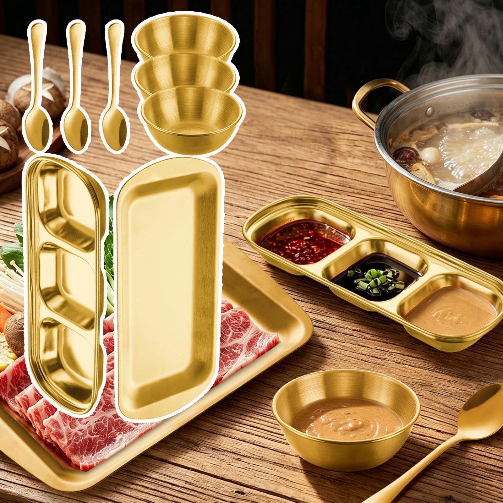 Ciotole per salsa di soia, 8 pezzi, in acciaio inox, con 3 scomparti, per sale, zucchero, ketchup, aceto, pentola calda, barbecue, feste in cucina, ristorante