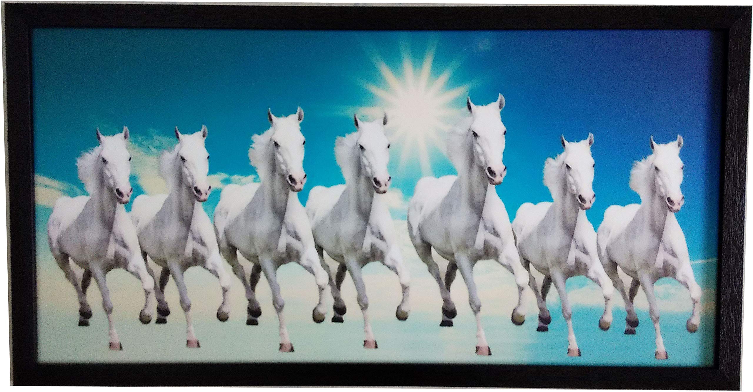 Elegance Vastu 7 Running White Horses painting frame for living room home decor office gifts Painting size- 19.25 length x10.25 height inch